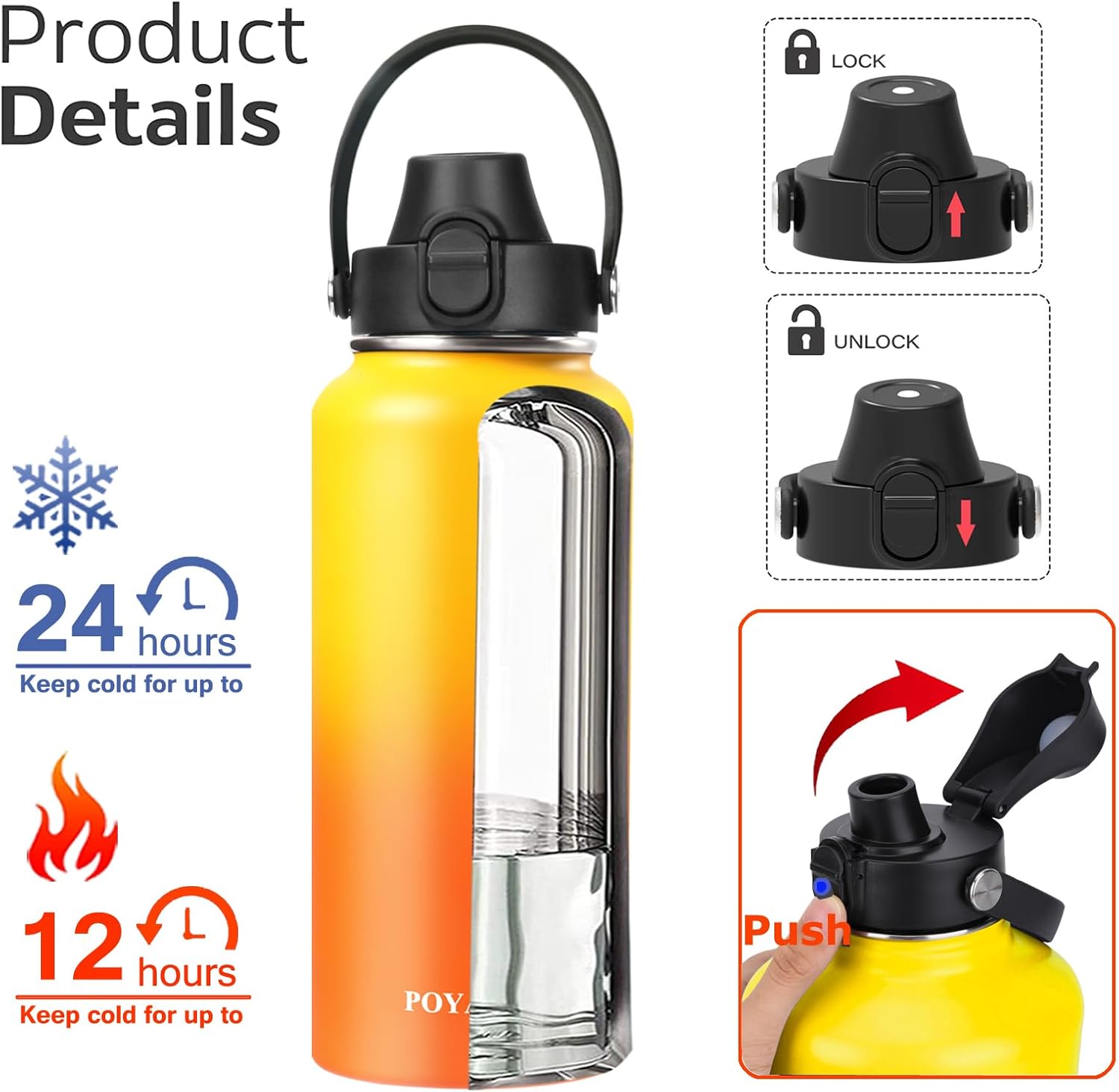 Water Bottle Insulated 32oz 40oz 64oz 128oz Straw Lid Spout Lid & 3 Lids, Leak Proof, Vacuum Insulated,Stainless Steel Water Bottle Wide Mouth for Sports, Gym or Office - Image 2