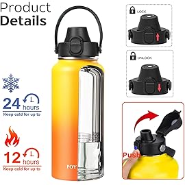 Water Bottle Insulated 32oz 40oz 64oz 128oz Straw Lid Spout Lid & 3 Lids, Leak Proof, Vacuum Insulated,Stainless Steel Water Bottle Wide Mouth for Sports, Gym or Office (Yellow Orange, 32 oz)