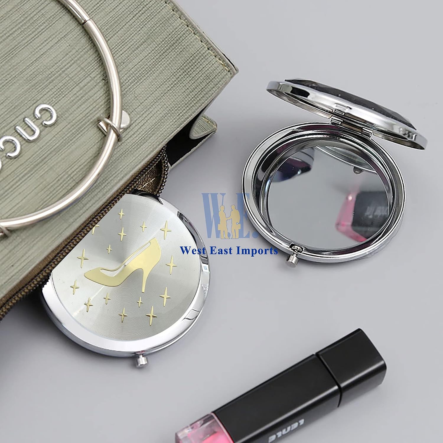 WE Cinderella High Heel Shoe Design Compact Mirror Favor 12PCS Quinceanera/Sweet 16/ Zapatilla de Cenicienta Birthday Gift with Organza Gift Bags (Silver)