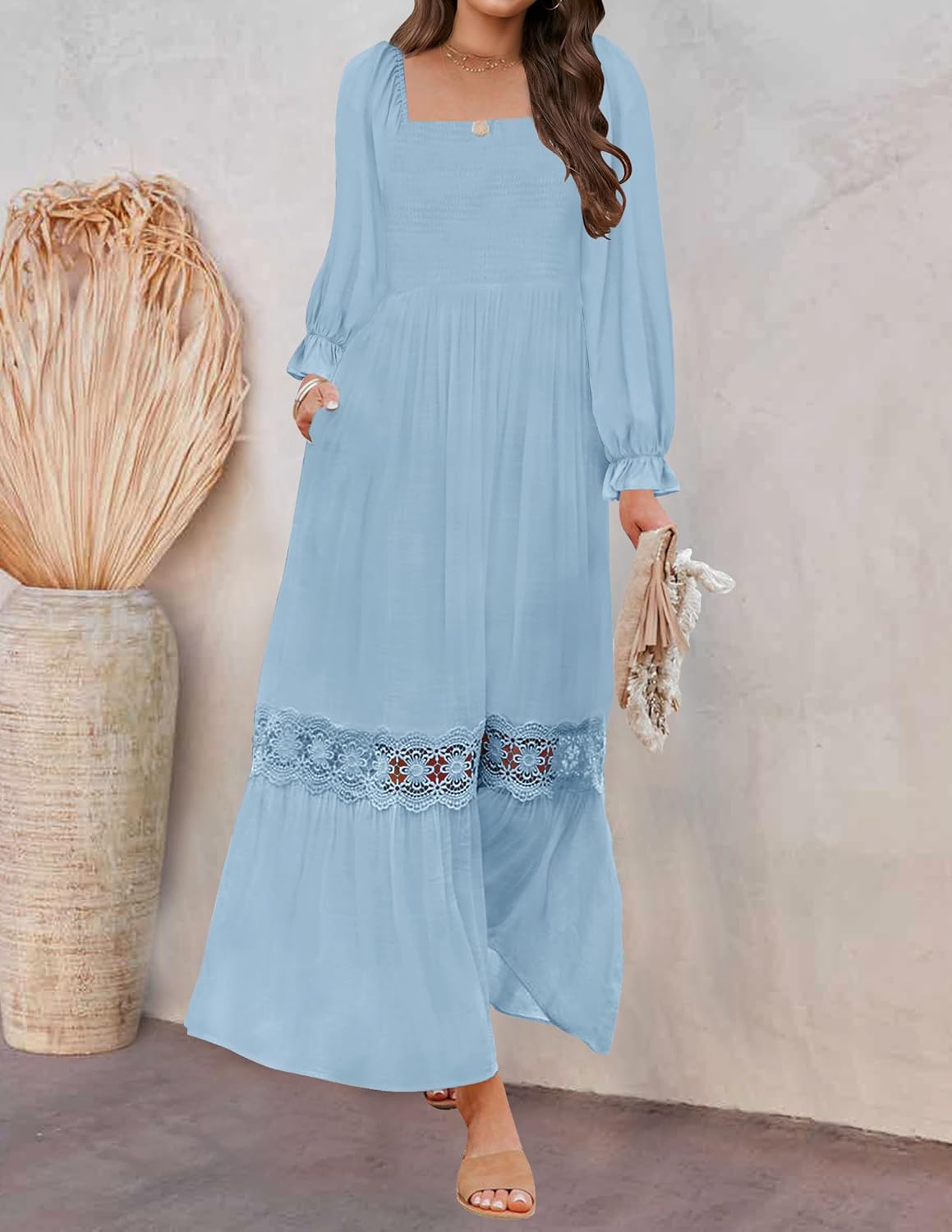 ZESICA Women's 2026 Boho Long Sleeve Square Neck Smocked High Waist Flowy A Line Lace Trim Maxi Dress - Image 9