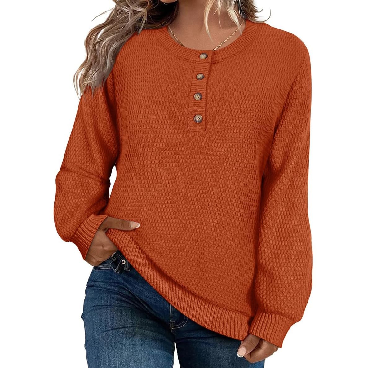 Crewneck Knit Sweater Womens Button Solid Round Neck Cotton Pullover Casual Warm Fall Winter Trendy Clothes
