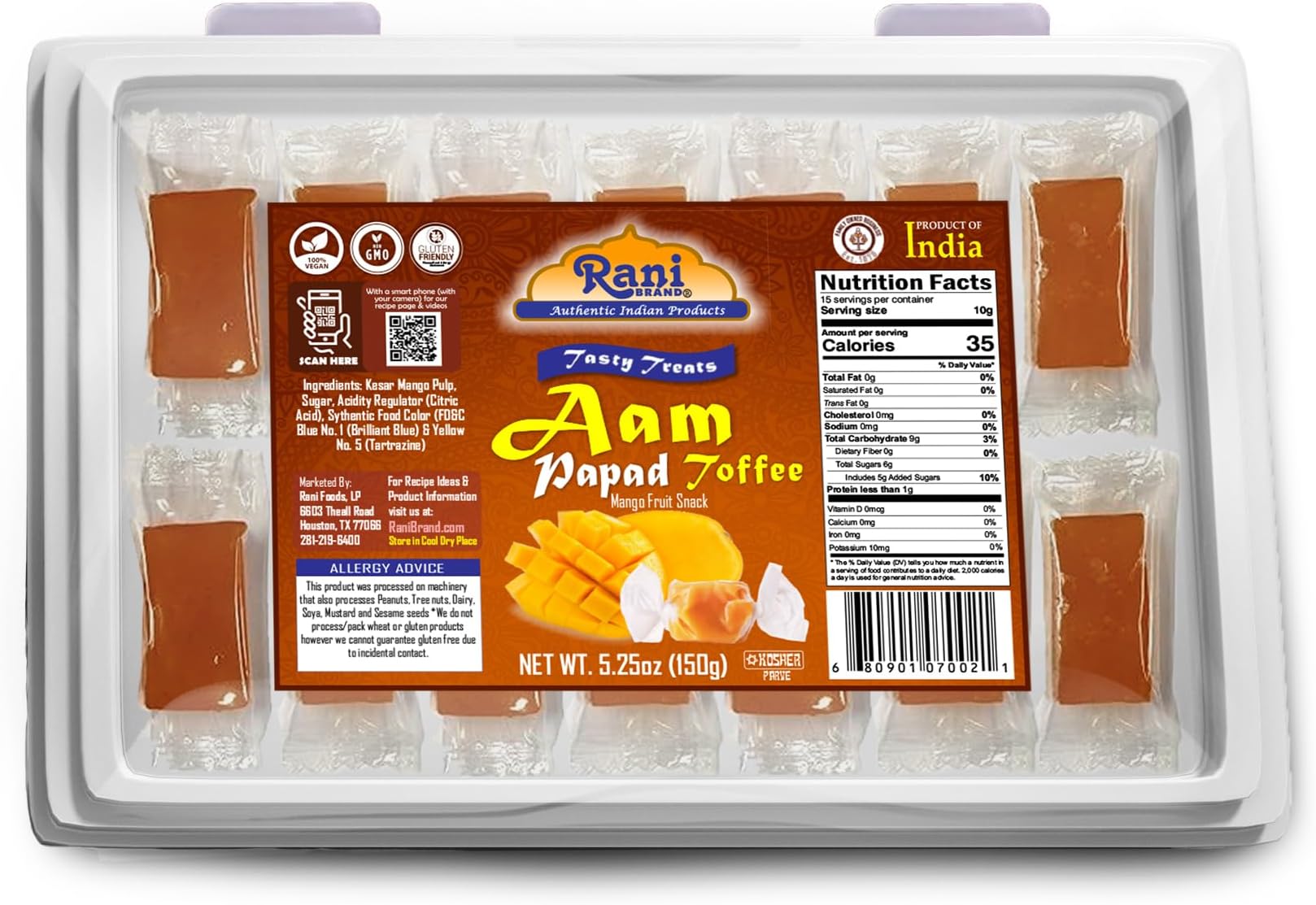 Rani Aam (Mango Fruit Snack) Toffee Candy Treat, 5.25oz (150g), Individually Wrapped in Candy Box ~ All Natural | Vegan | Gluten Friendly | Kosher | Indian Origin & Taste