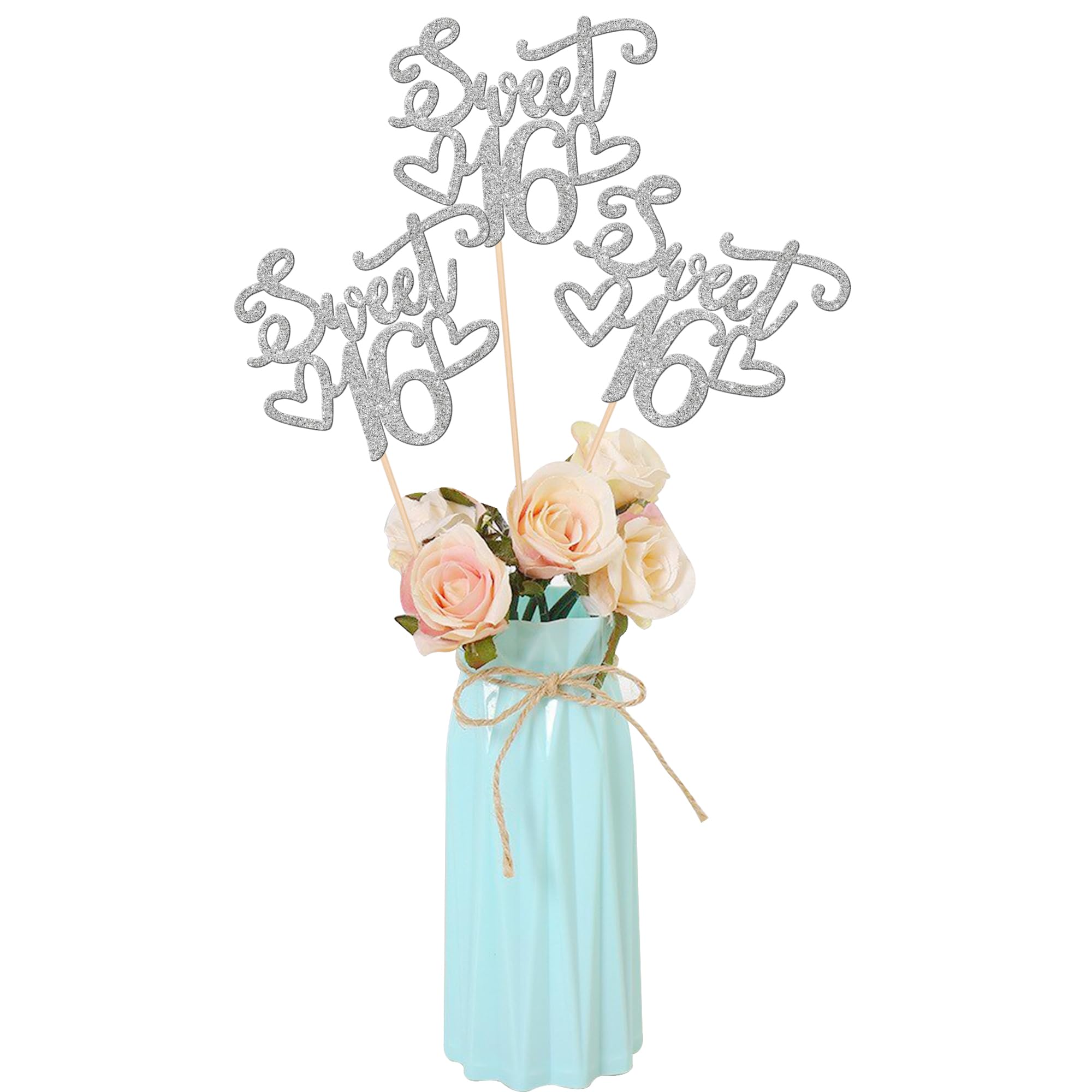 12 PCS Sweet 16 Centerpiece Sticks Double Sided Glitter Happy 16th Birthday Cake Toppers Number 16 Centerpieces for Tables Flower Topper Decorations 16th Birthday Party Centerpiece Supplies Silver
