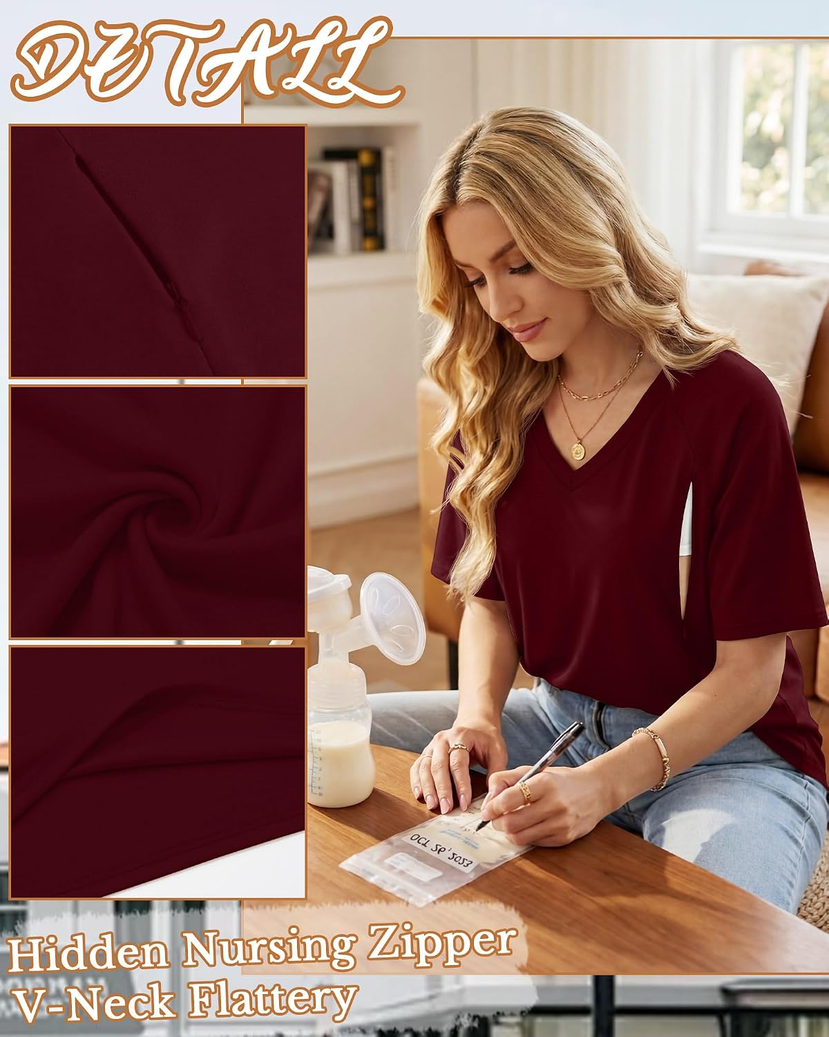 4 Pack Women's Oversized Nursing Shirts for Breastfeeding Hidden Zipper Short Sleeve Loose Fit Maternity Tops