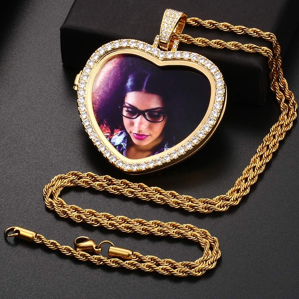 TUHE Custom Picture Necklace Personalized Hip Hop Iced out Heart Angle Wings Pendant Photo Necklace for Men Women Memory Chain Necklace Customized with Picture Rope/Tennis/Cuban Chain Necklaces