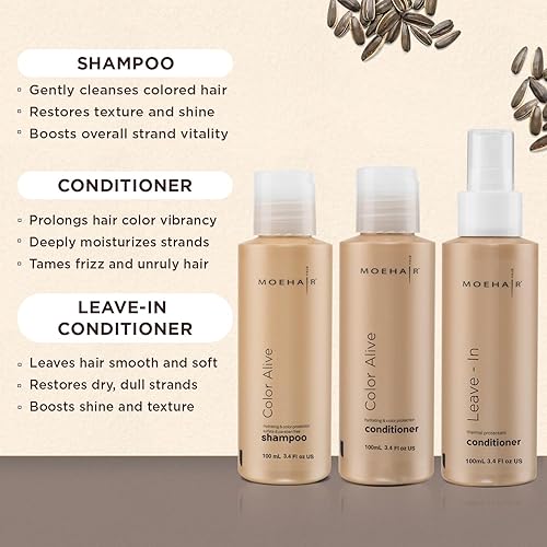 Miniatura 9 de MOEHAIR Paquete de viaje para cabello teñido - Champú, acondicionador y suero alisador de cabello Color Alive  Solución completa para el cuidado del