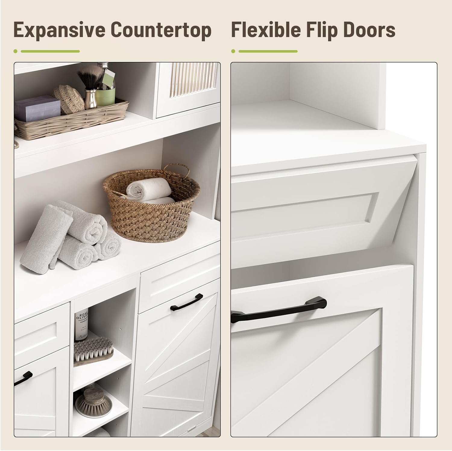 Tall Tilt-Out Double Laundry Hamper Cabinet with 2x11-Gallon Hidden Laundry Basket, Tilt Out Trash Bin Cabinet with Fluted Glass Doors, Farmhouse Wooden Bathroom Storage with Push Doors, White