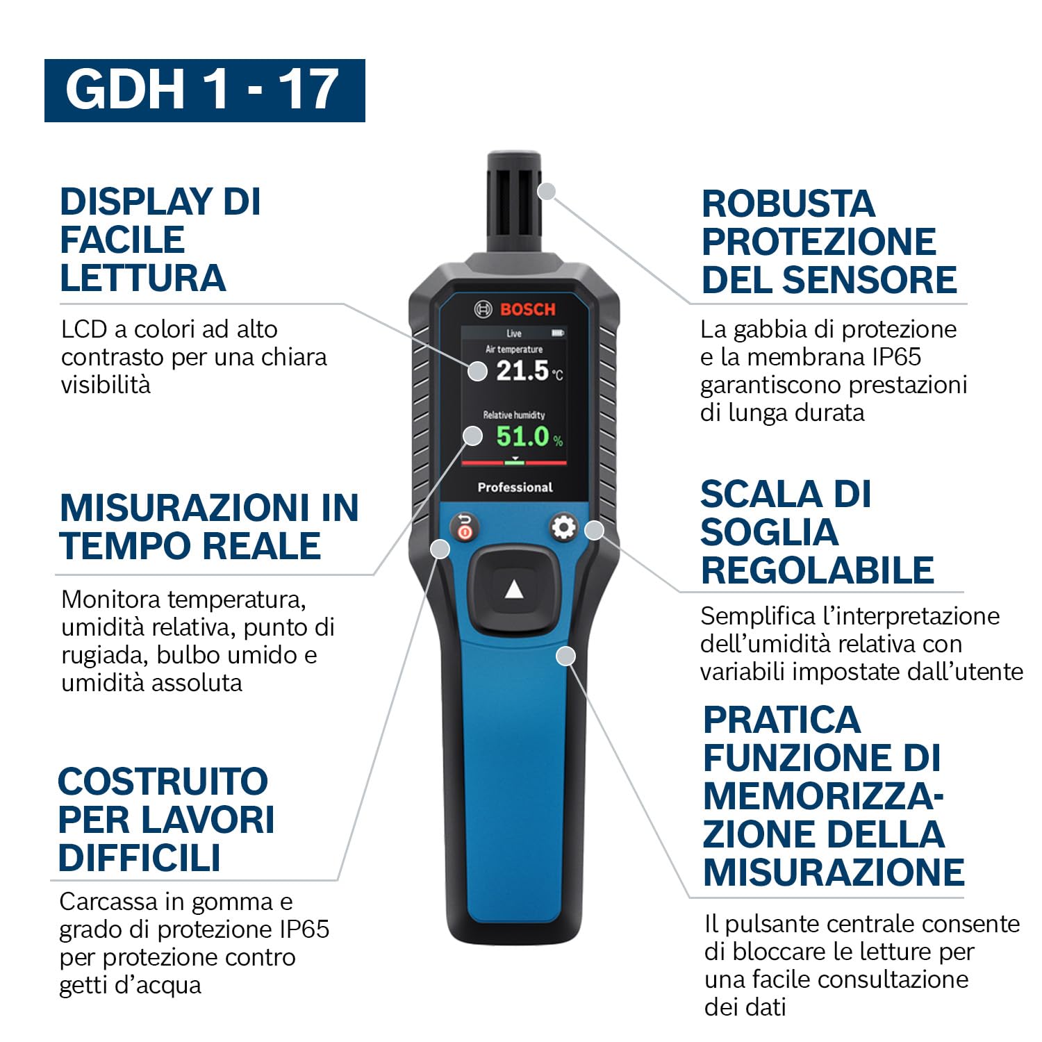 Bosch Professional Termoigrometro GDH 1-17 (letture in tempo reale, display LCD a colori ad alto contrasto, protezione IP65, carcassa in gomma, 2 batterie AA, custodia)
