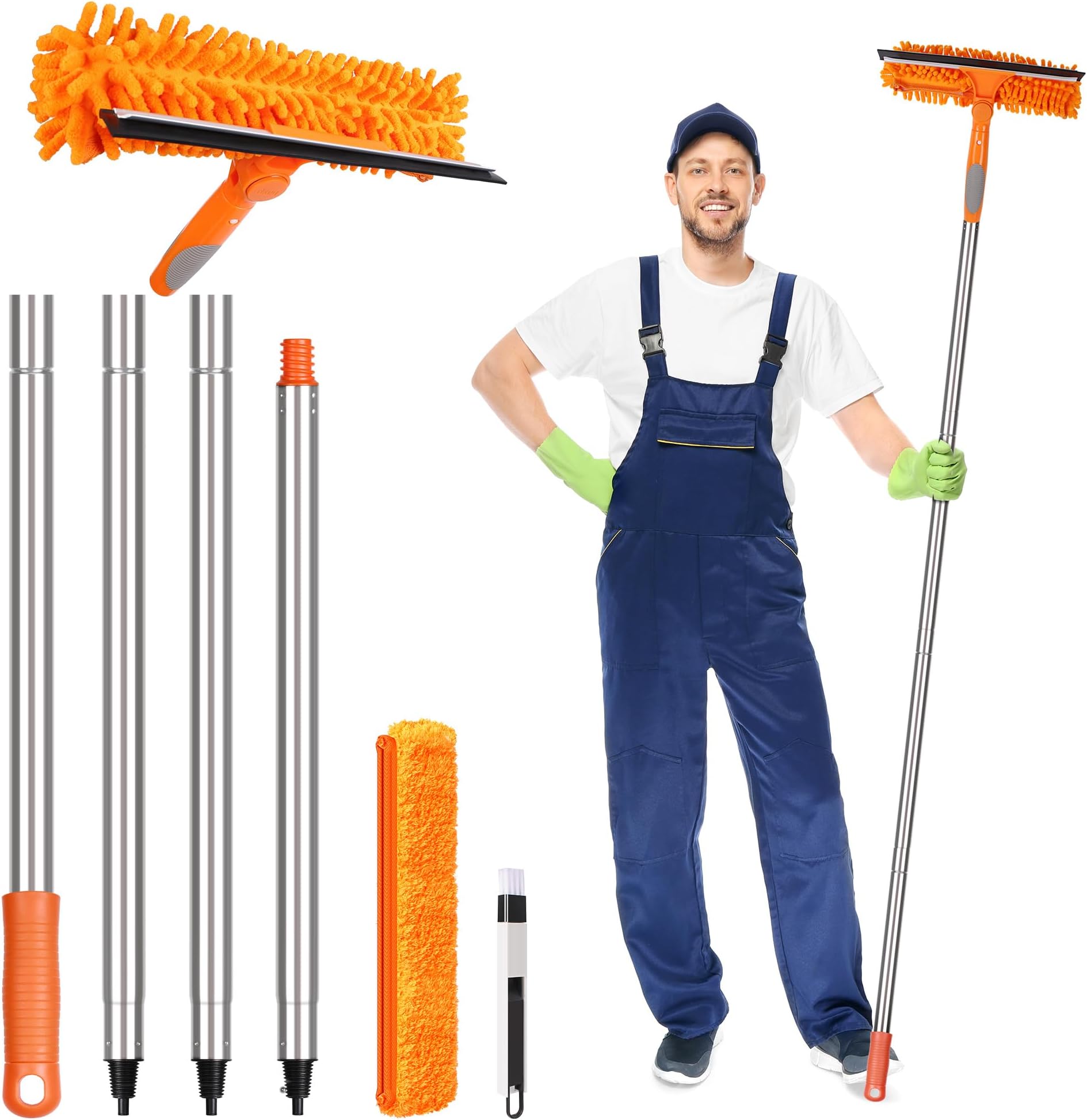Window Cleaning Squeegee Kit,2 in 1 Window Squeegee with 5ft Extension Pole Long Handle and Window Groove Cleaning Tool for Window,Car,Shower Glass Door,Mirror,Indoor & Outdoor