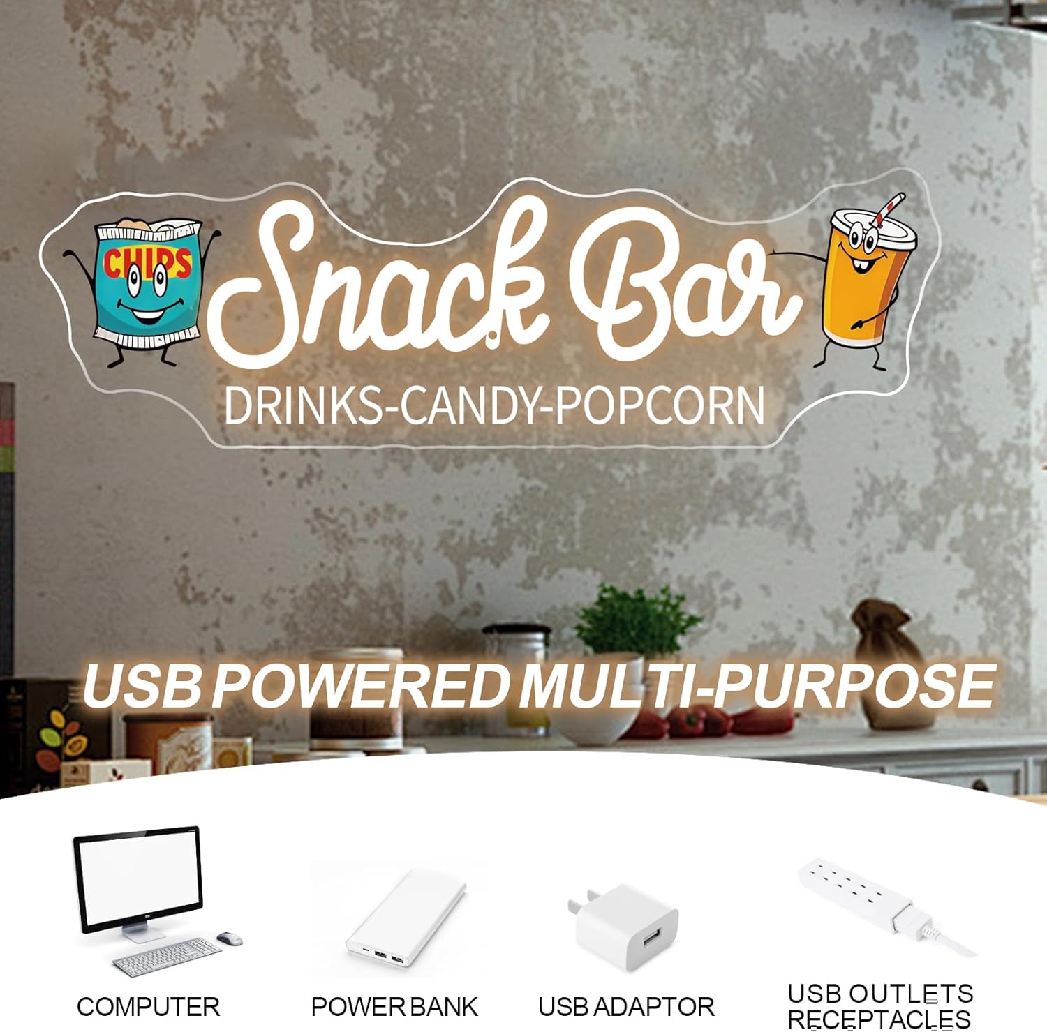 Snack Bar Neon Sign - Dimmable USB Light Up Bar Sign & Snack Bar Signs for Wall, Ideal for Home Theaters, Snack Shops, Game Rooms, Retro Gifts - Warm White