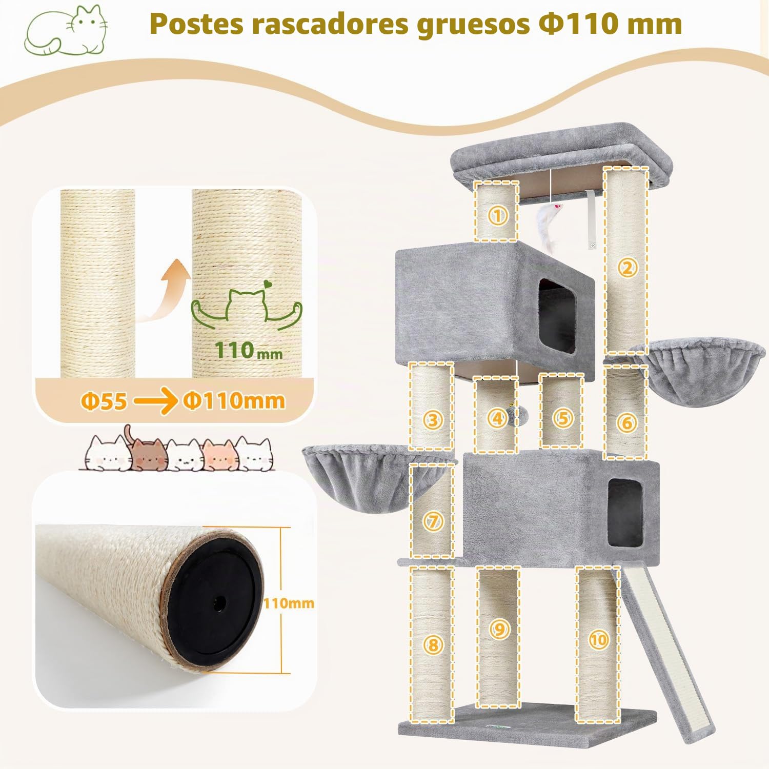 Globlazer Árbol Rascador XXL para Gatos Grandes con Postes Gruesos 11 cm, 2 Extragrande Nidos 50 * 35 * 30cm, Plataforma Acolchada Grande, Cesta, Estable Torre para Gatos Maine Coon (S67, Gris Claro)