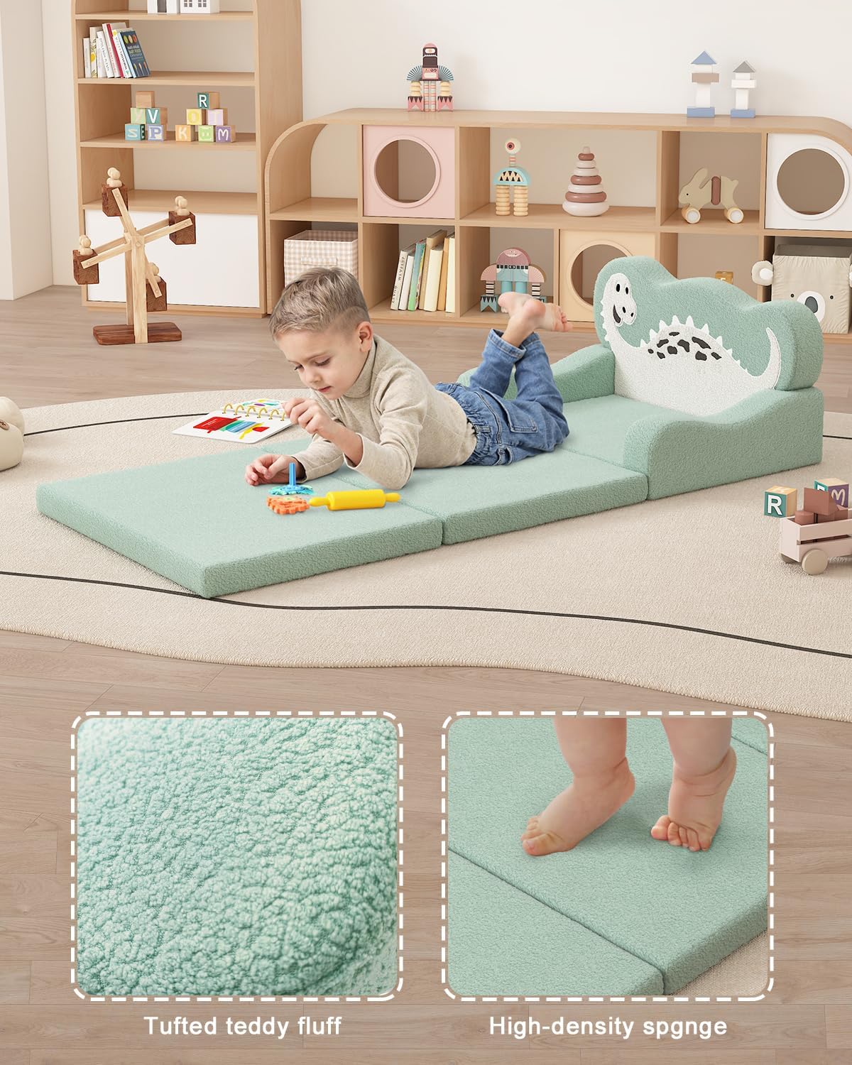 YACODAVO 2-in-1 Toddler Couch Fold Out, Foldable Kids Sofa, Kids Chairs Comfy, Gift for Boys, Gift for Birthday, Children's Day, Green Dinosaur