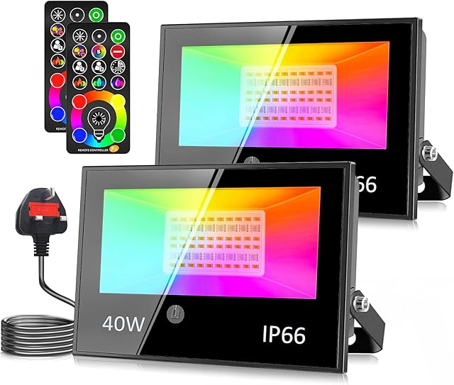 2 Pack 40W LED Flood Lights Outdoor, 120 Colours 5 Modes RGB Floodlight, IP66 Waterproof, Timing Function, 2700K Warm White Security Lights, Outdoor Lights for Garden Landscape Stage with UK 3-Plug