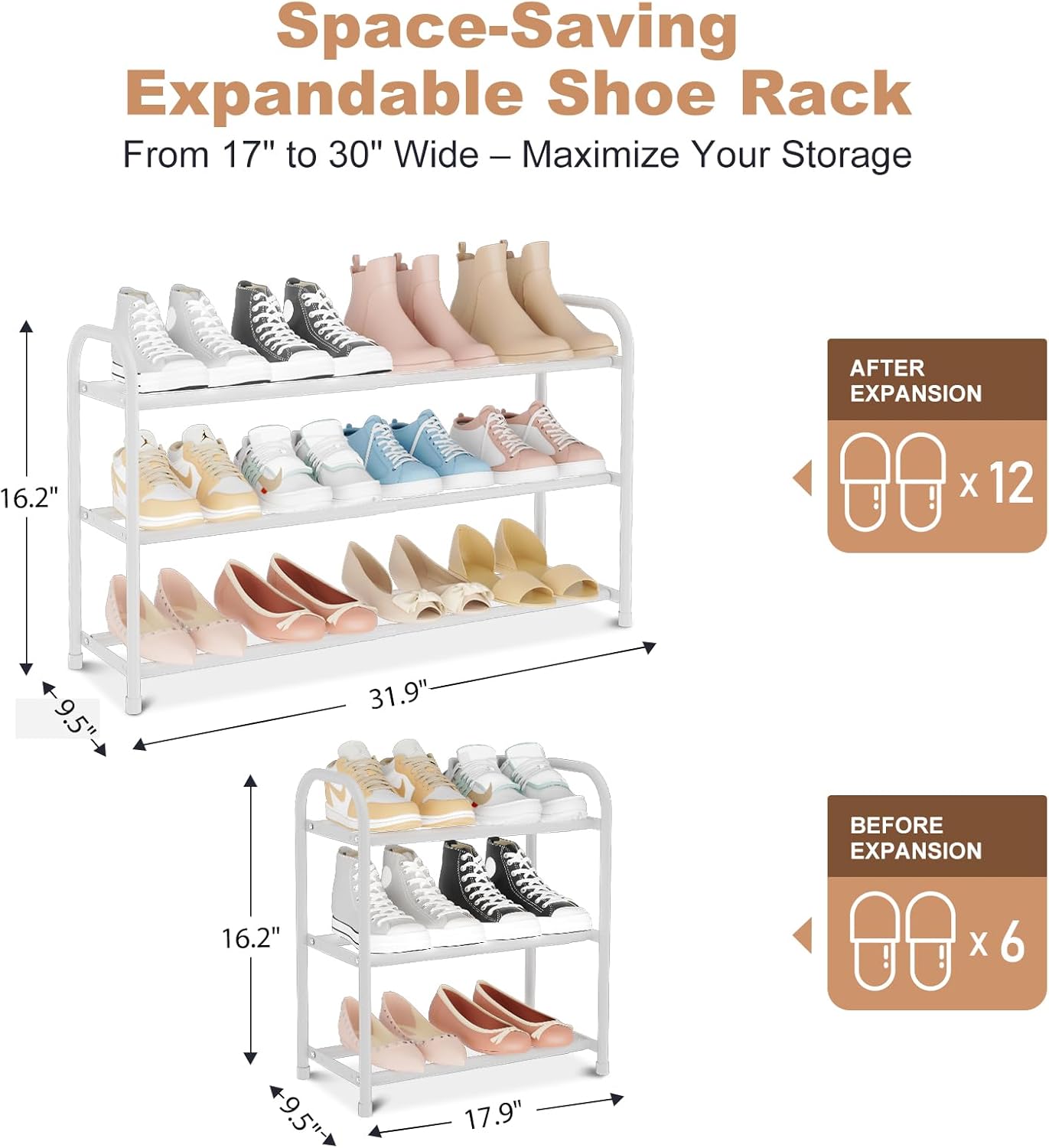 Tall Shoe Rack Large Shoe Shelf Storage for 50 Pair Sneaker and Boot, Stackable Vertical Shoe Rack Organizer for Closet, Entryway, Bedroom, White