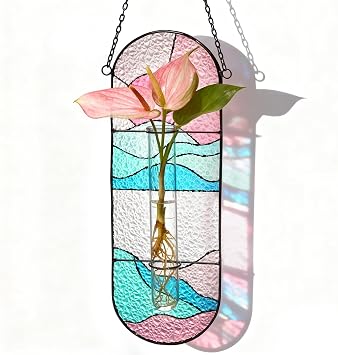 Stained Glass Plant Propagation Stations - Handmade Sunshine Catcher Hydroponic Planter Window Hanging with Glass Tubes, Terrarium Decor Gifts for Women Mom Plant Lovers, Pink