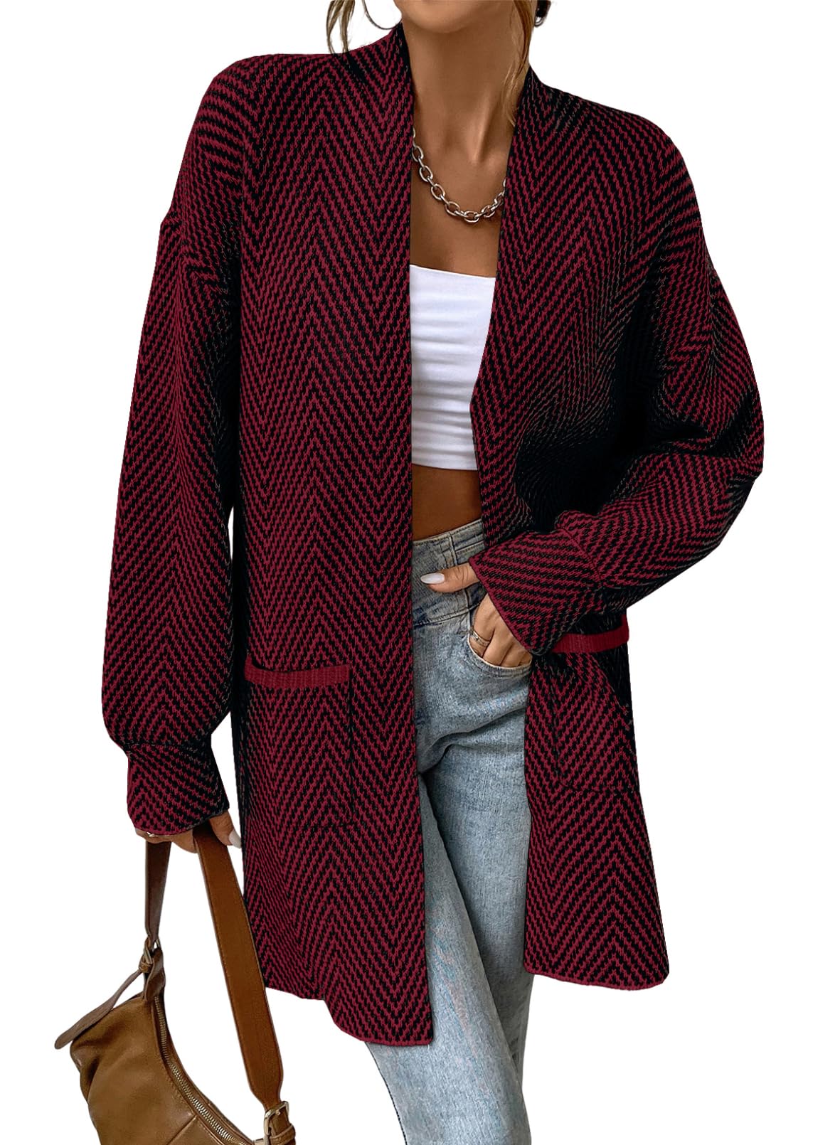 Sidefeel Womens 2025 Fall Outfits Long Sleeve Open Front Striped Cardigan Sweaters Chevron Chunky Knit Sweaters Coat