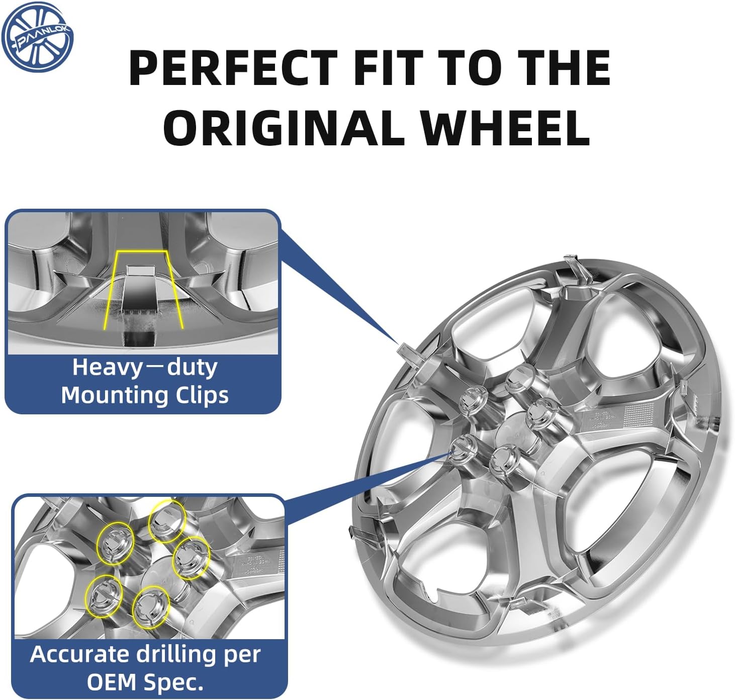 4-Pack Direct Replacement Hubcaps for 2013-2025 Ford Escape - Fits 17 Steel Wheels Only, Replaces OEM #GJ5Z-1130-A, Compatible with OE Wheels #LJ6Z-1015-A/CJ5Z-1015-A Chrome Silver