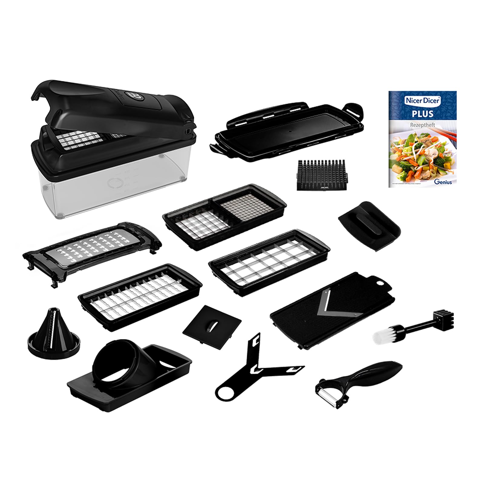 Genius Nicer Dicer Plus Gemüseschneider 17-tlg Jubiläums-Edition – Gemüsehobel Reibe mit 1.5L Auffangbehälter mit Deckel, Spiralschneider, Zwiebelschneider, Würfel, Stifte, Scheiben, Rezeptheft