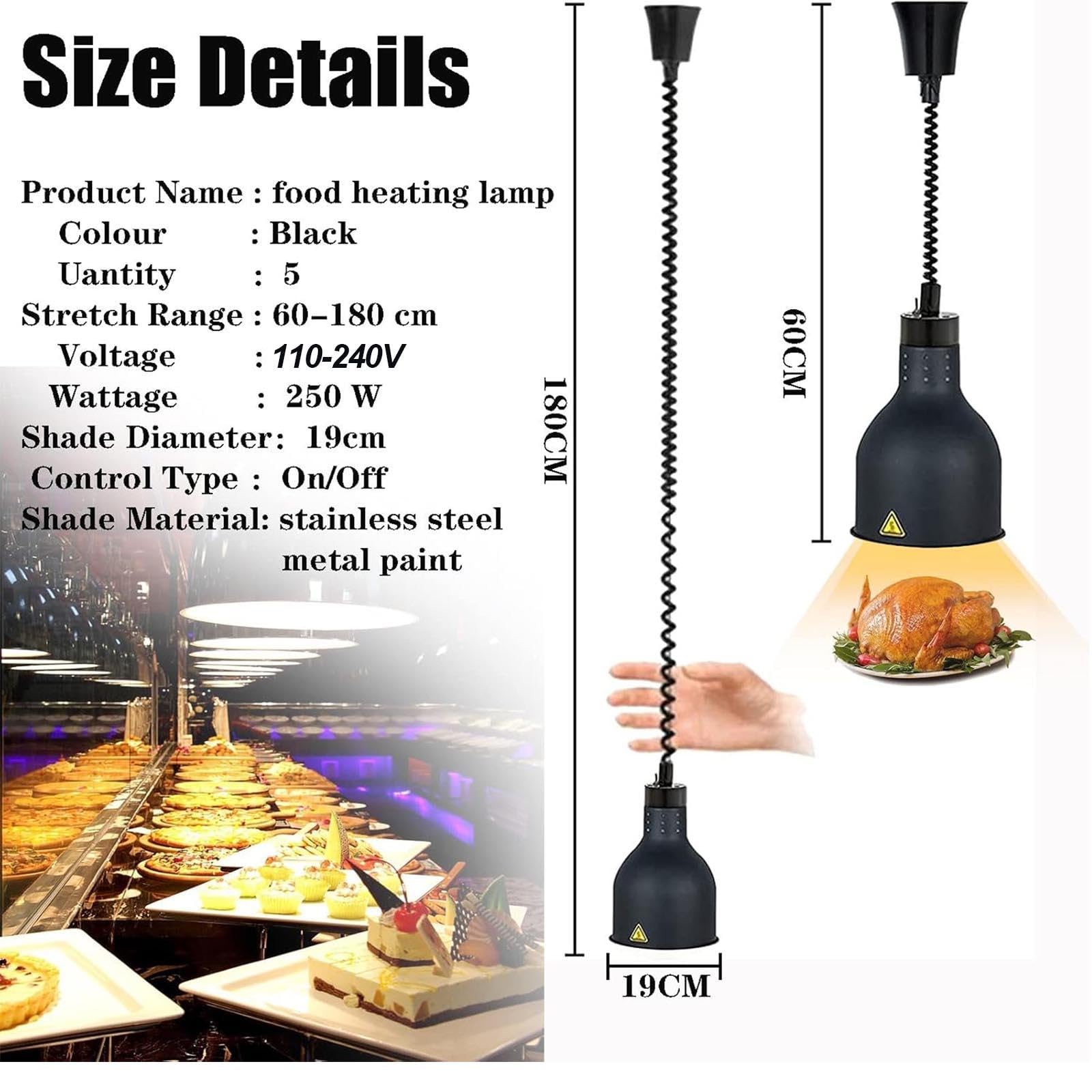 Lámpara Colgante de Calor para Alimentos, 250 Vatios, Luz para Calentar Alimentos, Lámparas para Calentar Alimentos para Buffet, Comerciales para Alimentos Fritos (60-180 Cm),Silver