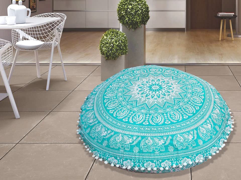 My Dream Carts Round Floor Pillows “Cover Only” Elephant Print Meditation Pouf Case Mandala Cushion Covers Hippie Boho Star Throw Pillowcase Flower Design Home Decor (32” Pillow Cover ,Without Filler)