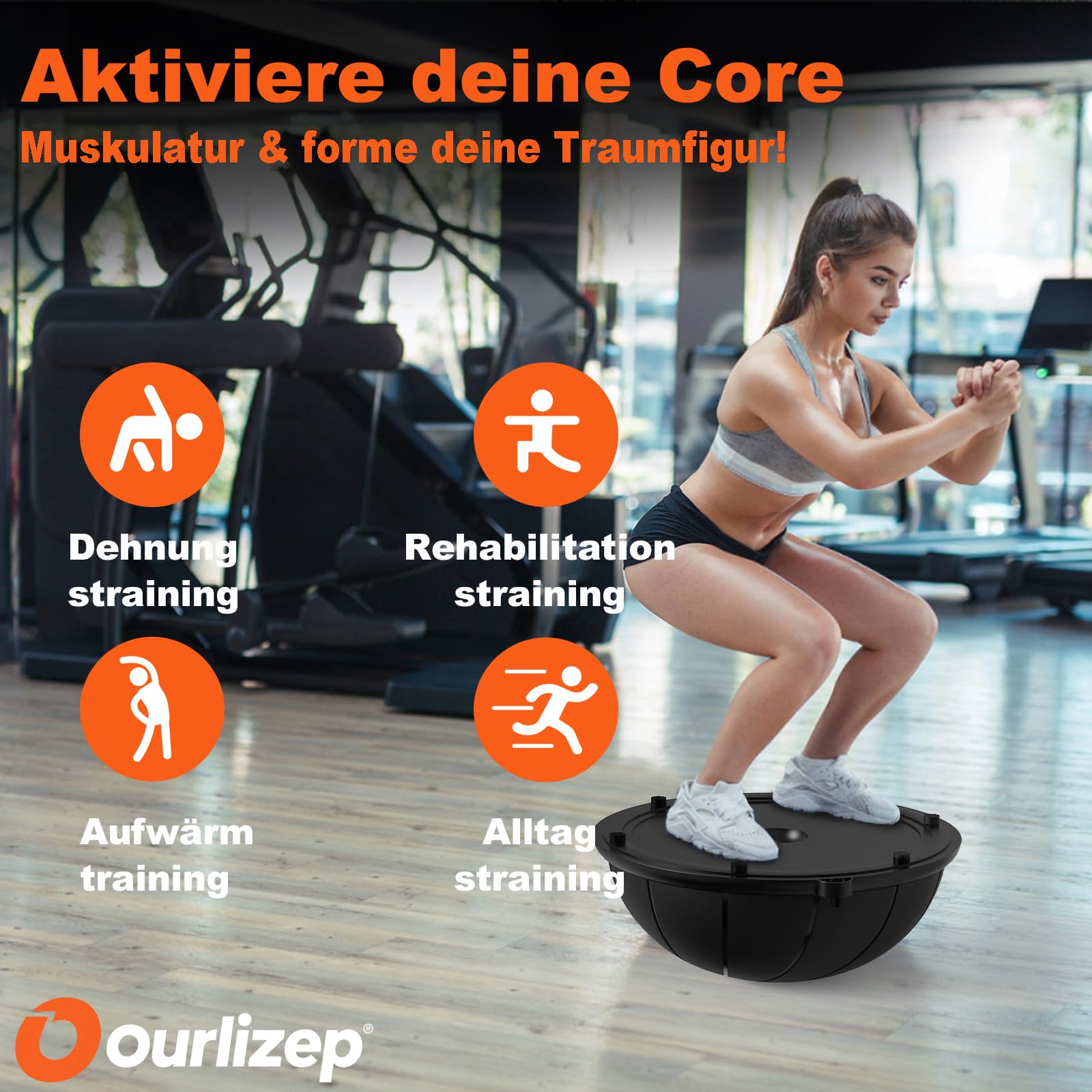 Ourizep Balance Ball bis 300 kg | Trainingsball | Halbkugel mit Expander und Pumpe | rutschfest | Yoga Ball für Krafttraining | 60 cm