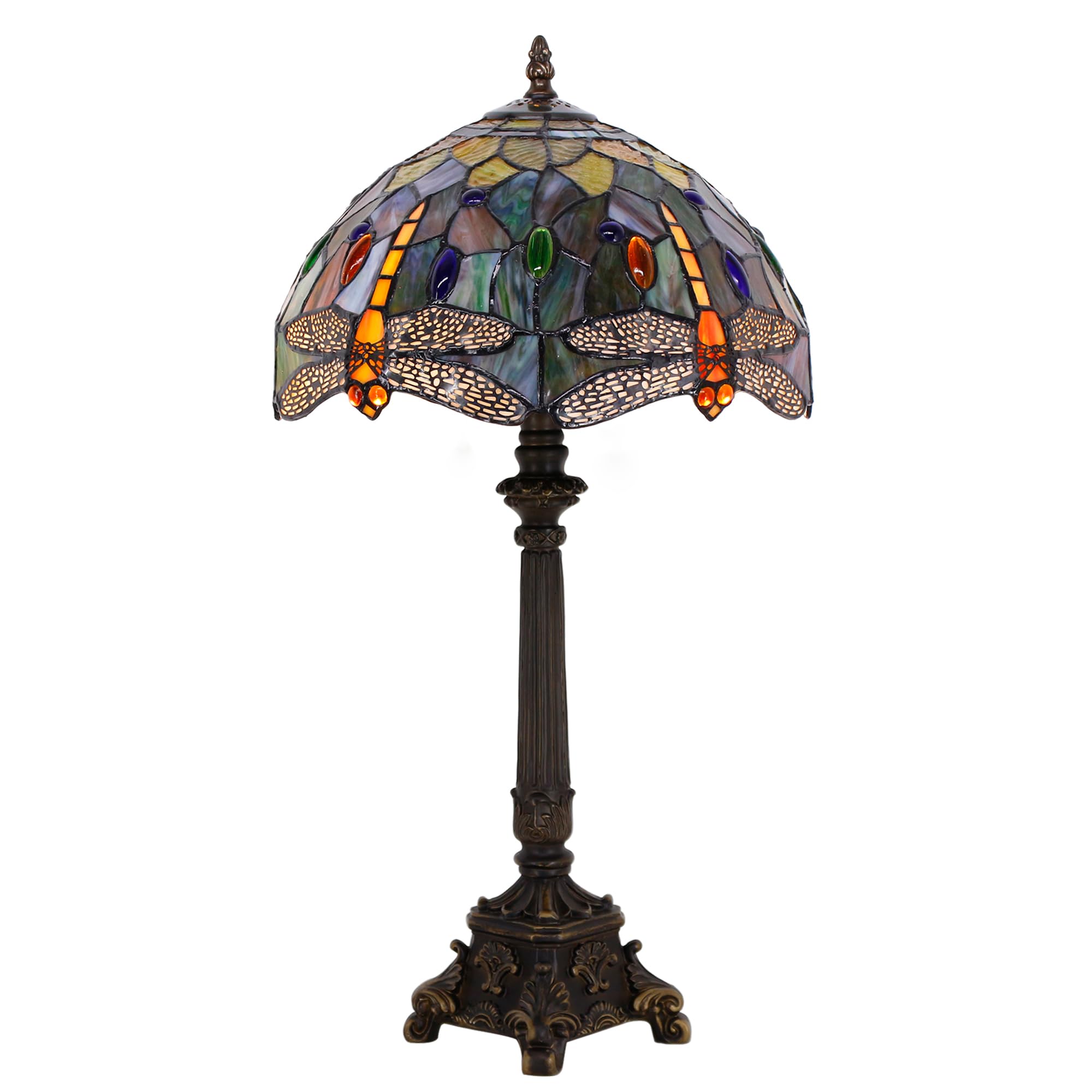 ZJART Tiffany Table Lamp Stained Glass 12X12X21 Inch Brown Yellow Dragonfly