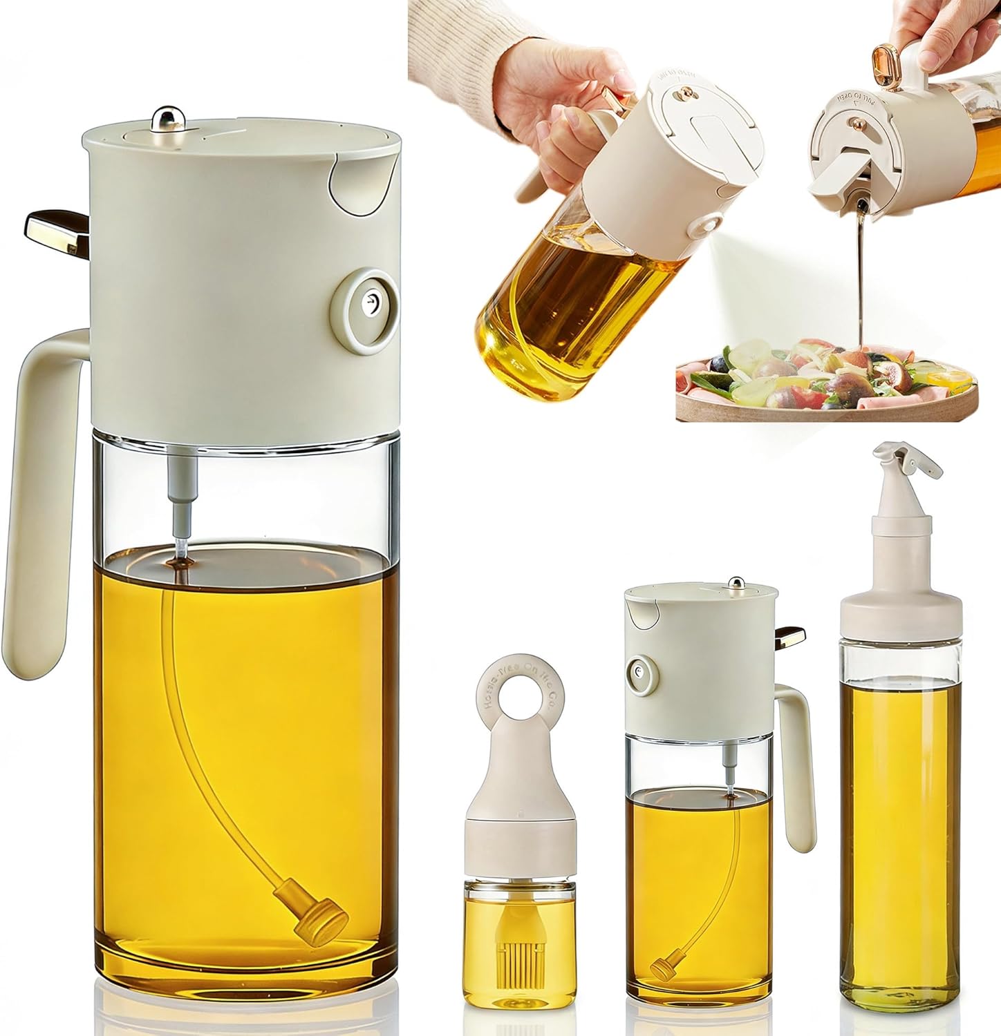 【Buy One Get Three】3-in-1 Pump Pour & Spray Oil Dispenser - 19.6 oz Thickened Heat-Resistant Borosilicate Glass Oil Sprayer for Kitchen, BBQ, Salad, Baking - Drip-Free, Leak-Proof, Non-Stick Design