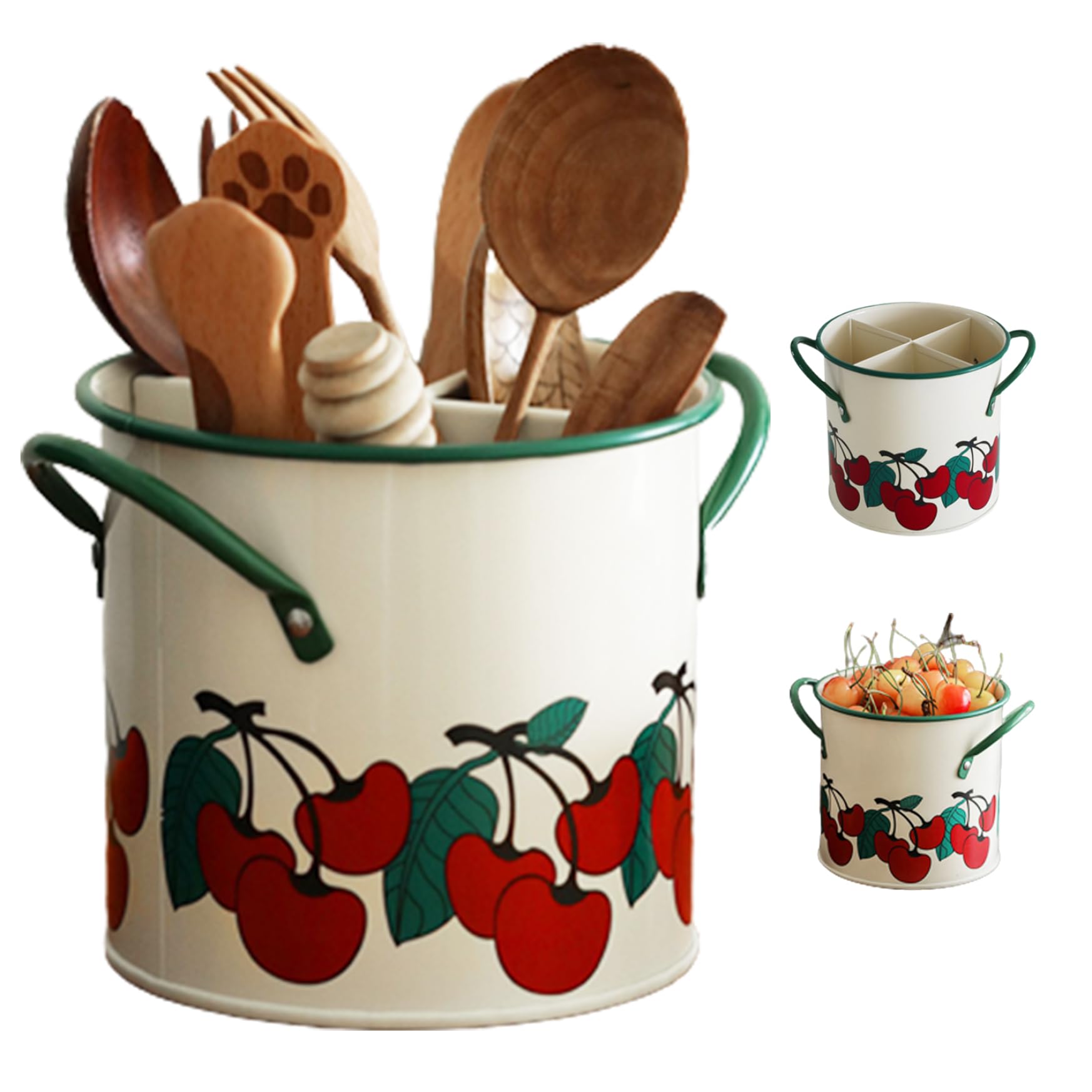Vistnale Kitchen Utensils Organizer, Kitchen Utensil Holder Vintage Cherry Painted Utensil Caddy with Detachable Divider 4 Compartment Iron Organizer with Drain Hole for Accessory