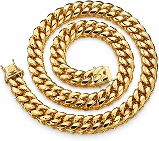 Rockyu ネックレス メンズ ステンレス ゴールド キューバンチェーン 喜平 ヒップホップ ボックスクラスプ 幅12mm 長さ76cm | 存在感のあるゴールドカラーのキューバンチェーンが、首元に力強いアクセントを添えるメンズネックレス。