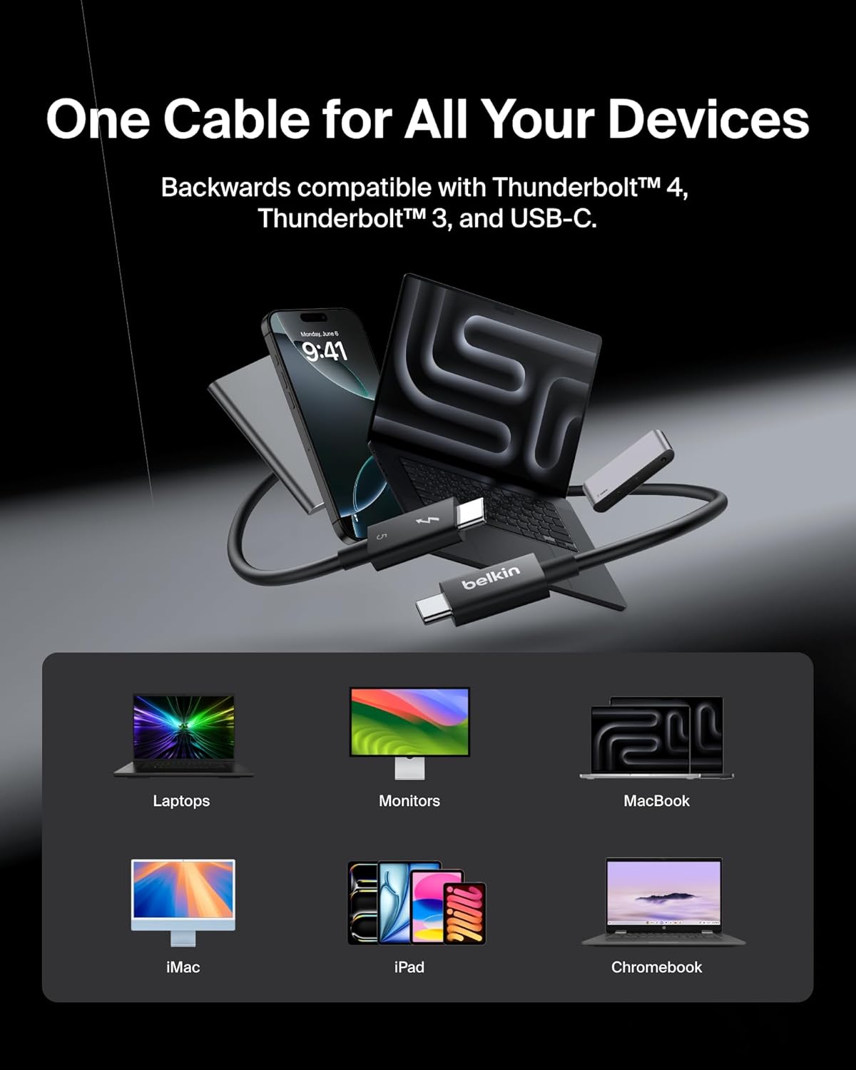 Belkin Thunderbolt 5 Cable USB-C USB4 120Gbps 240W High Speed Data Transfer Supports 4K/540Hz Heavy Duty for iPhone 16/MacBook/iPad Pro/iMac/Windows USB-IF Certified 1M Black INZ005qc1MBK