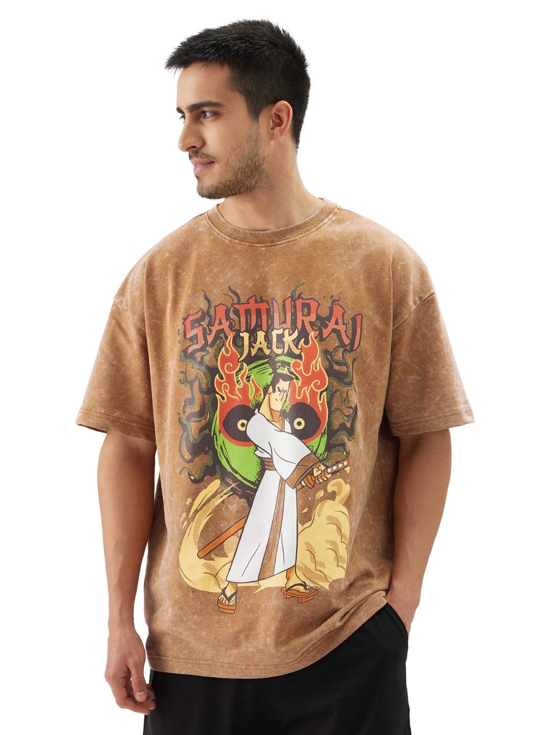 The Souled Store Official Samurai Jack: Blade Men and Boys Short Sleeve Round Neck Brown Graphic Printed Cotton Oversized T-Shirts