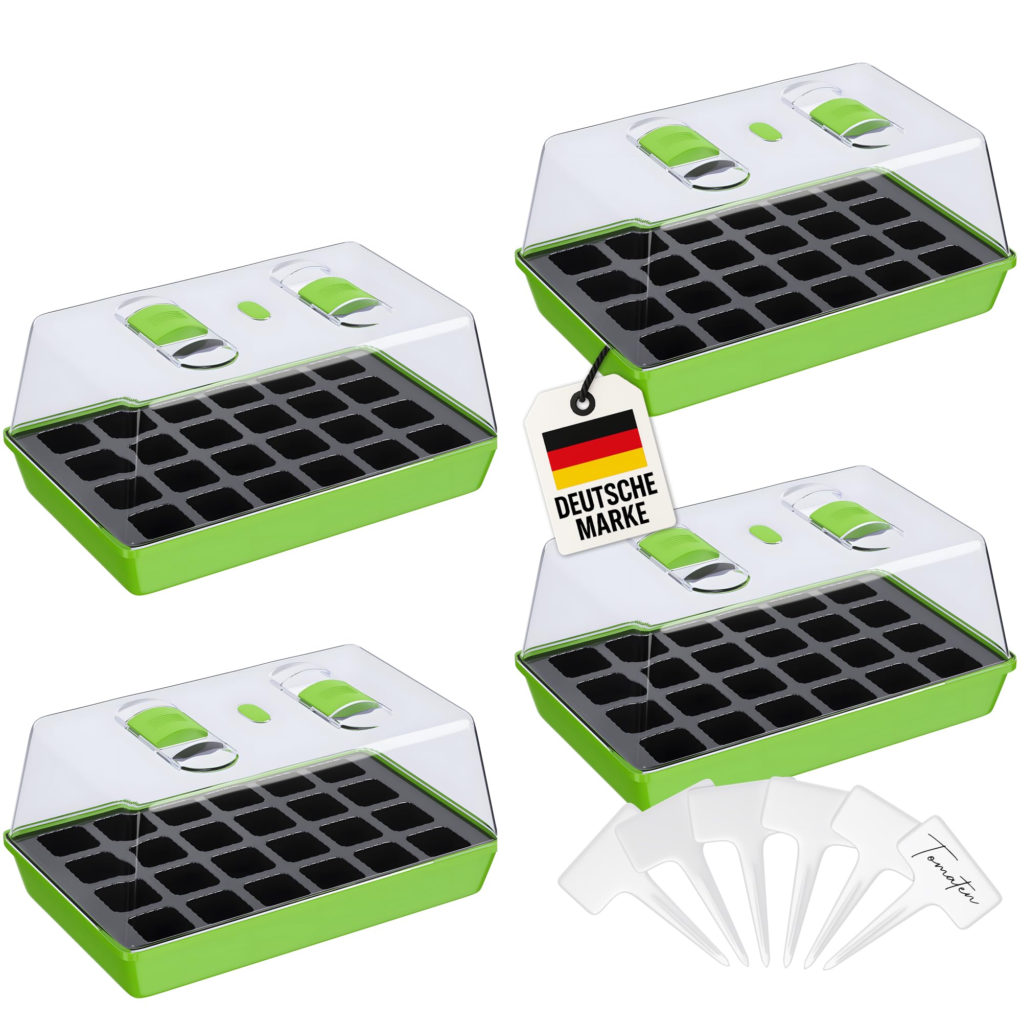 WELLGRO Anzuchtschale - Zimmergewächshaus mit belüftbarer Abdeckhaube und Pflanzschildern - 1, 2 oder 4 Stück - 38 x 24 x 19 cm, Stückzahl:4 Stück