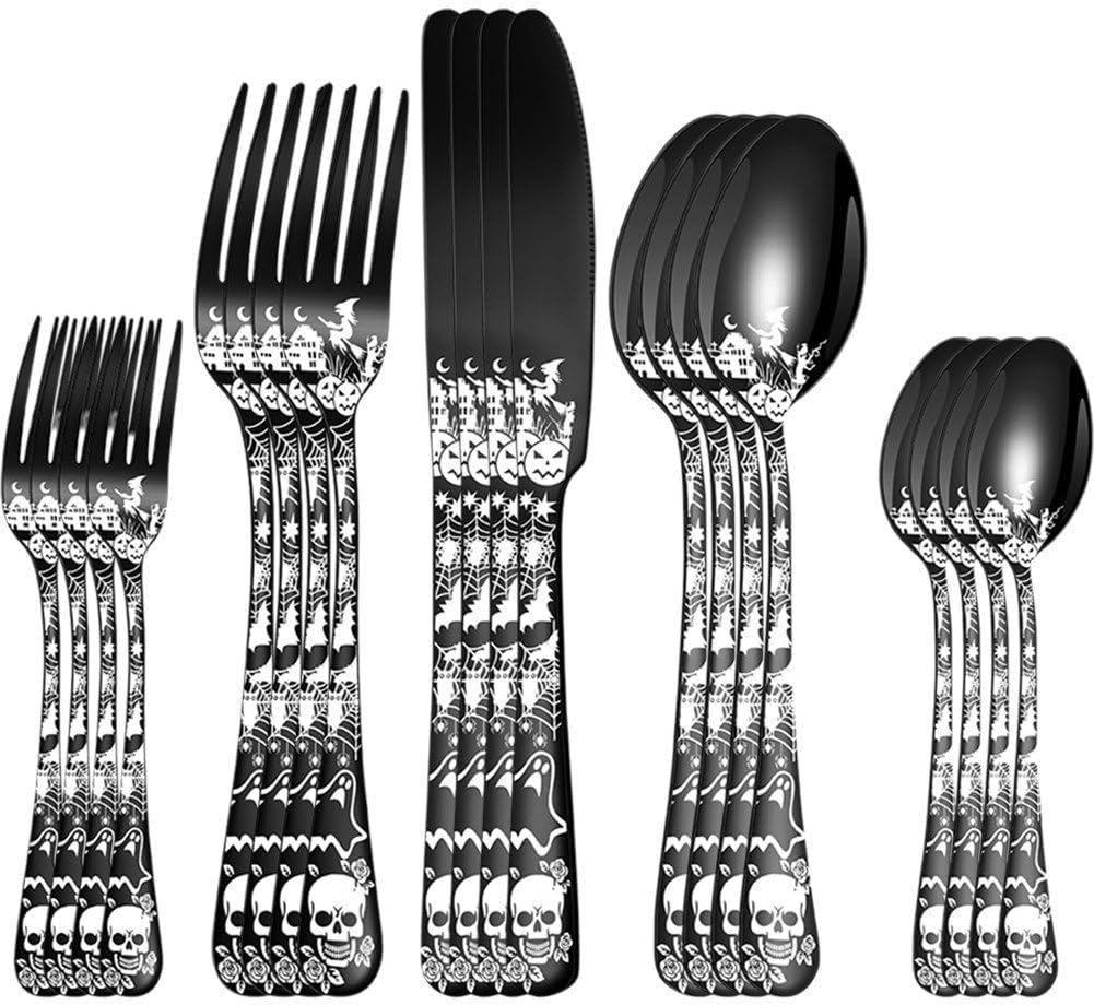 20-pcs Flatware Set, Gothic Skull Silverware Set for 4, Skeleton Flower Unique Pattern Design, Knives/Forks/Spoons Cutlery Set Halloween Event Tableware Utensils, Black