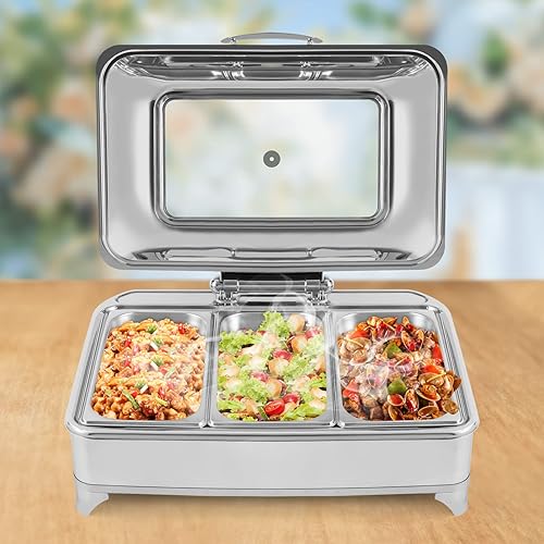 KIOPOWQ Calentadores de alimentos para fiestas, bufés eléctricos, servidor de buffet de acero inoxidable y 3 bandejas de calentamiento, 9 litros9.5