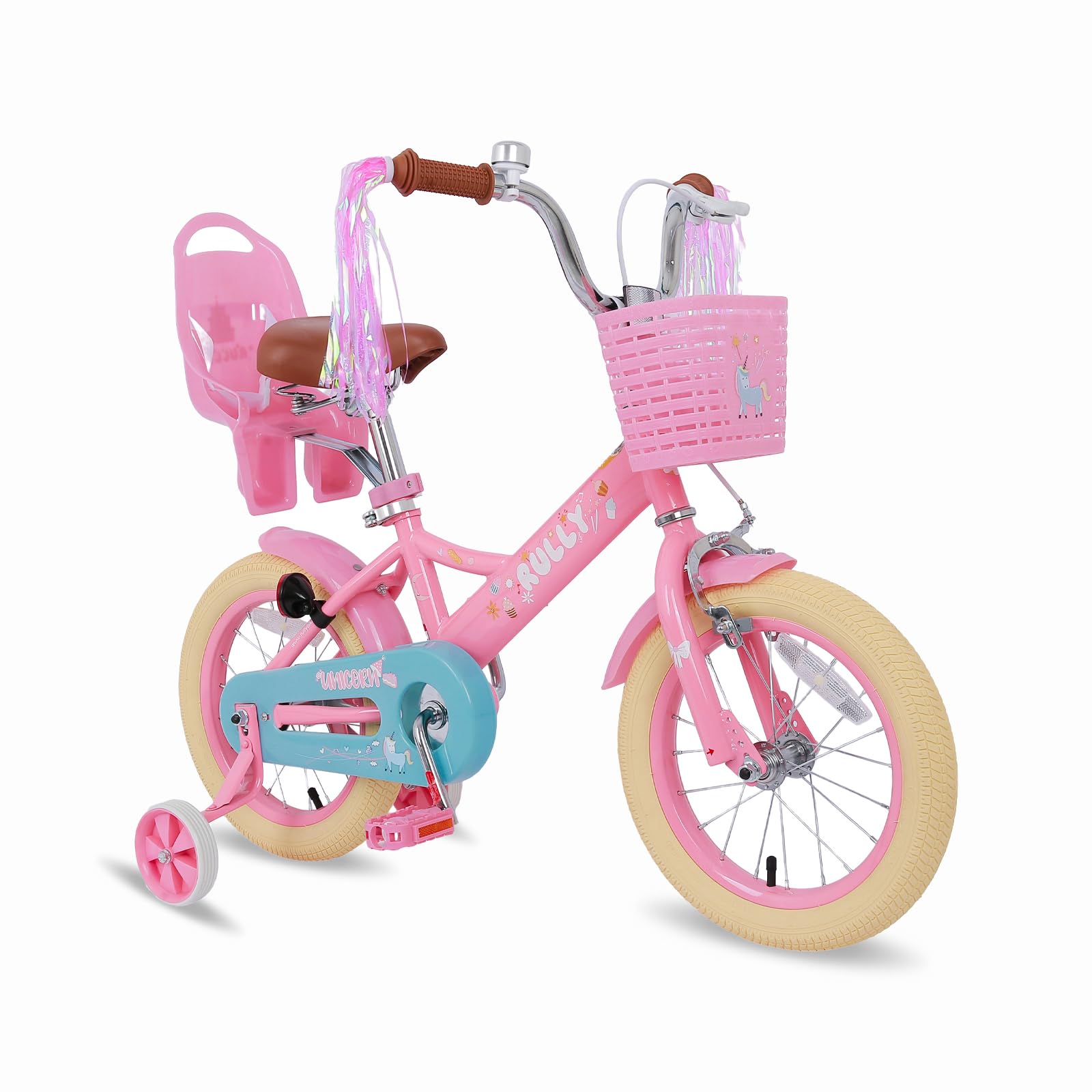 RULLY 12 Inch Girls Bike for Ages 2-4, Kids Bicycle with Training Wheels, Front Hand Brake, Basket & Streamers, Pink