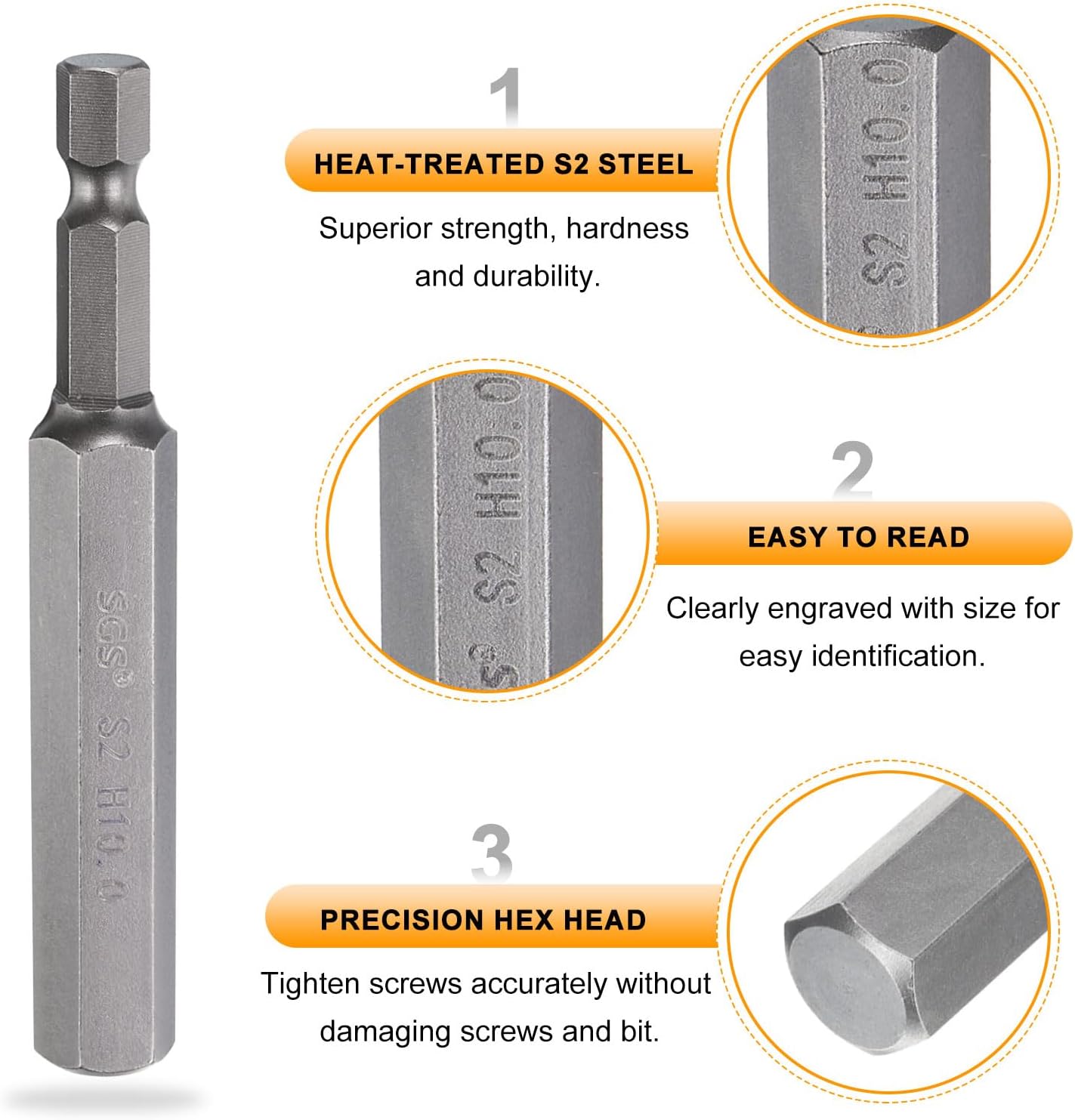 HARFINGTON 5pcs H10.0 Hex Head Drill Bit Wrench 10mm Metric Flat Tip 1/4" Hex Shank 80mm (3.15") Long Magnetic Hexagonal Screw Driver Socket Industrial Screwdriver Power Bits
