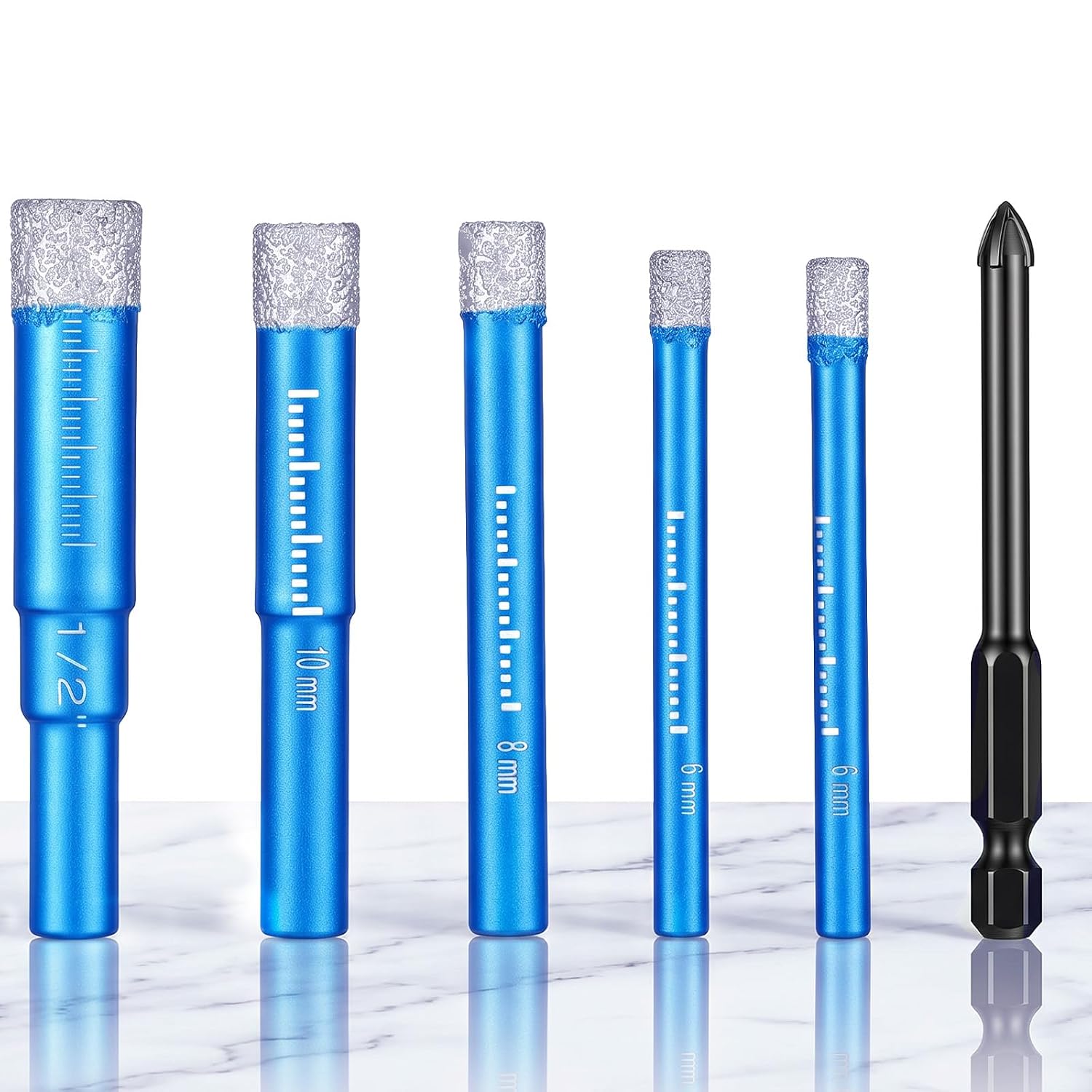 6 PCS Diamond Drill Bits for Ceramic Dry Glass Drill Bit Porcelain Tile Pot Masonry Drills Bit for Glass Granite Concrete Stone Marble Round Shank 1/4"(x2), 5/16" 3/8" 1/2" and 1/4 4-Edge Cross Drills