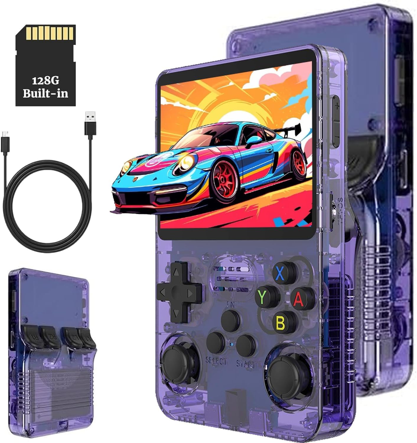 R36S Retro Handheld Game Console 128G - Schermo IPS da 3,5” con oltre 40000 giochi classici Lettore di videogiochi tascabile Open Source Linux OS con batteria da 3500mAh (lilla)