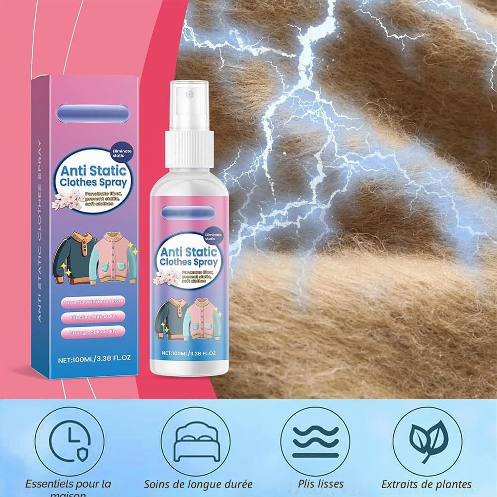 2 Pièces Sprays Antistatique Vêtements,Spray Antistatique 100ml,Anti Static Spray,Sprays Antistatiques,Élimine Statique Vêtements,Pour Réduit L'électricité Statique Sur Les Textile,Voiture