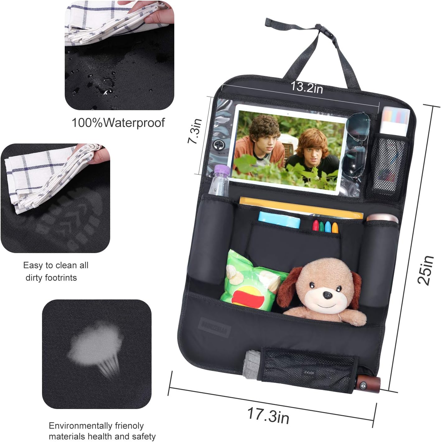 BRONZEMAN Kick Mats Backseat Organizer and Storage - Car Seat Back Protectors for Kids with 14" Touch Screen Tablet Holder,Hanging 9+1 Pocket Back Seat Storage Bag,Travel Accessories,(Black, 2 Pack)