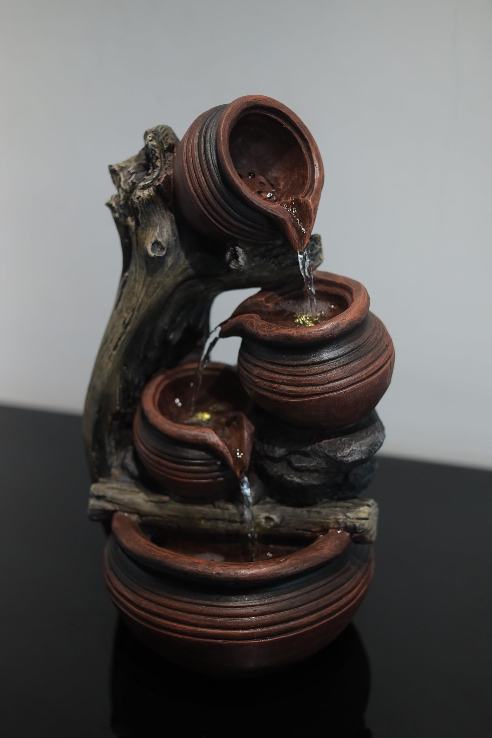 ROYAL FOUNTAIN Rustic Terracotta Cascading Water Fountain with Driftwood, Indoor Tabletop Waterfall, Brown Clay Pots, Decorative-image-36