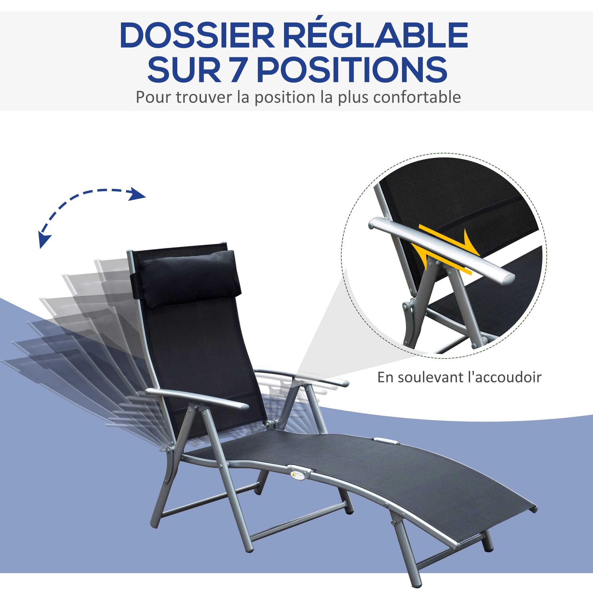 Outsunny Transat Jardrin Pliable Dossier Inclinable Multi-Positions Noir