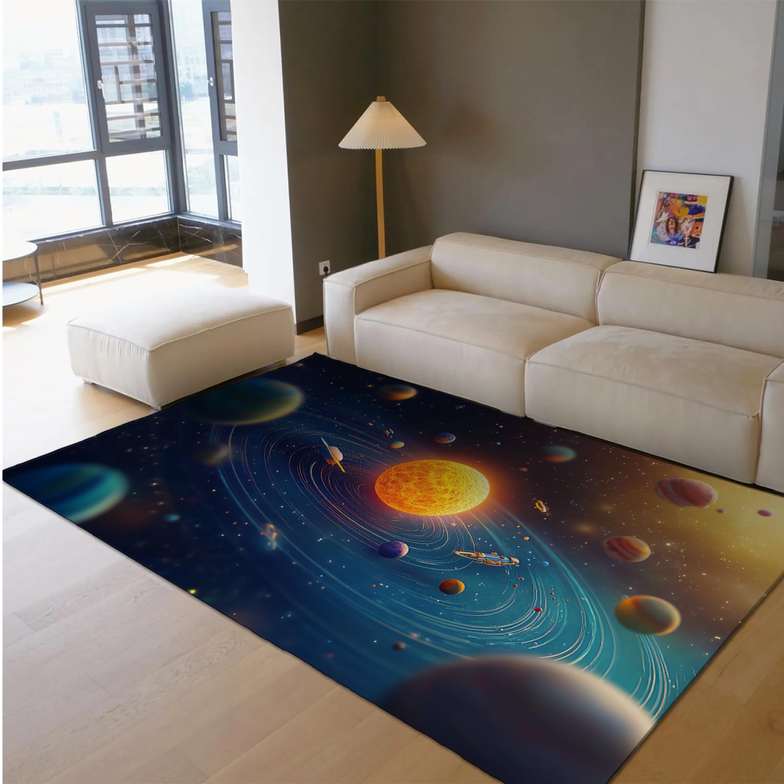 Tapis bleu foncé univers galaxy pour salle de jeux enfants 100x150cm