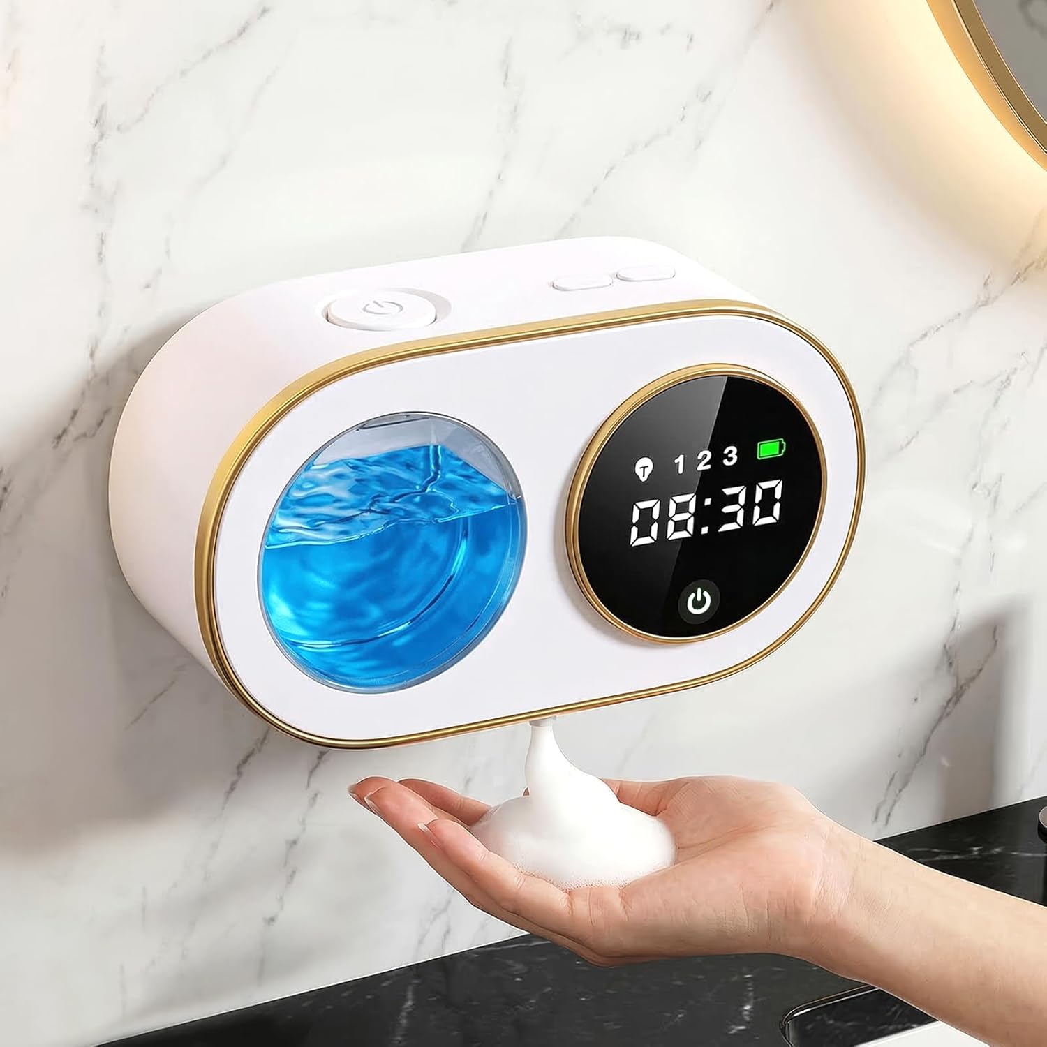 Automatic Soap Dispenser, 320ML Touchless Smart Hand Soap Dispenser, 3 Adjustable Soap Levels, Rechargeable Wall Mounted Electric Foam Soap Dispenser for Bathroom Kitchen Office (White - T1)