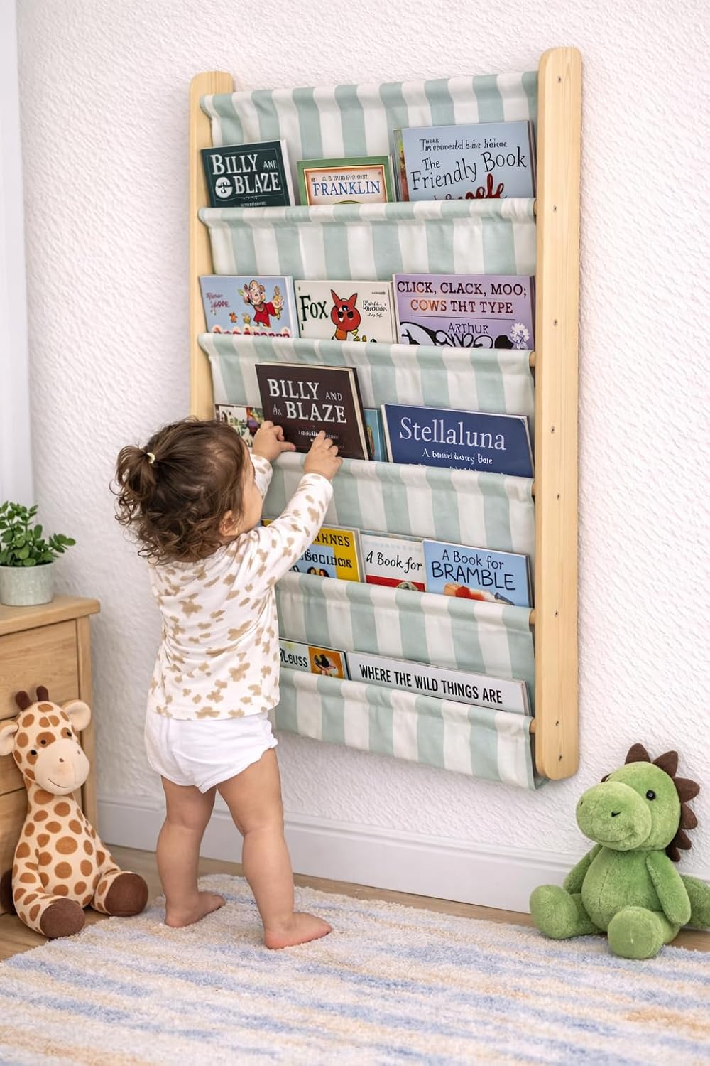 Montessori 5 Tier Canvas Pocket Wall Bookshelf, Re-Washable Soft Fabric Kids Book Rack, Space Saving Behind Door Shelf (Mint Green)