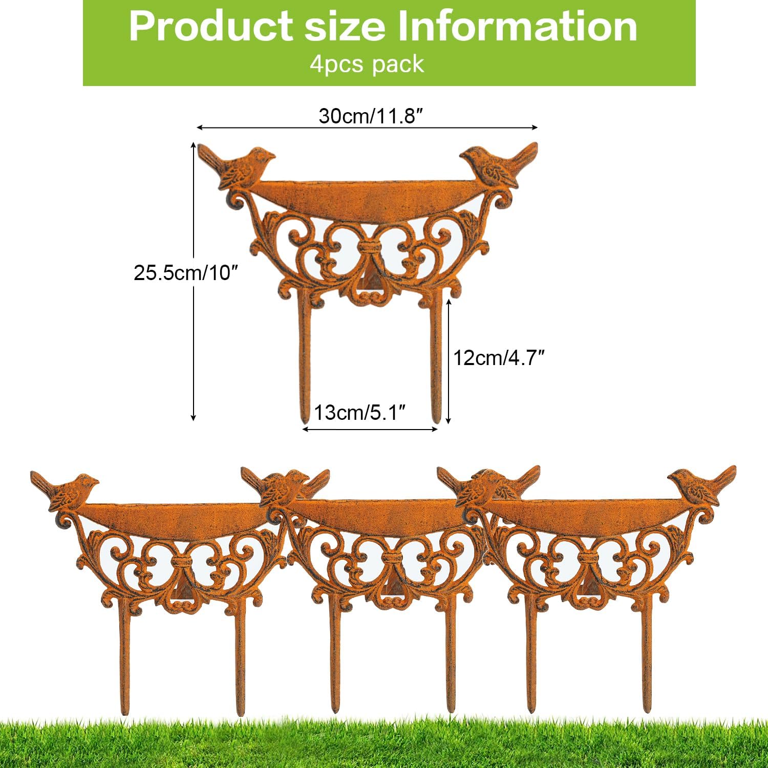 Sungmor Decorative Cast Iron Garden Edging Border, 4 Pack Rustic Brown Landscape Edging Low Picket Fence, 9.9inch Tall Outdoor Flower Bed Lawn Fence Panels, Vintage Metal Yard Decor Stakes