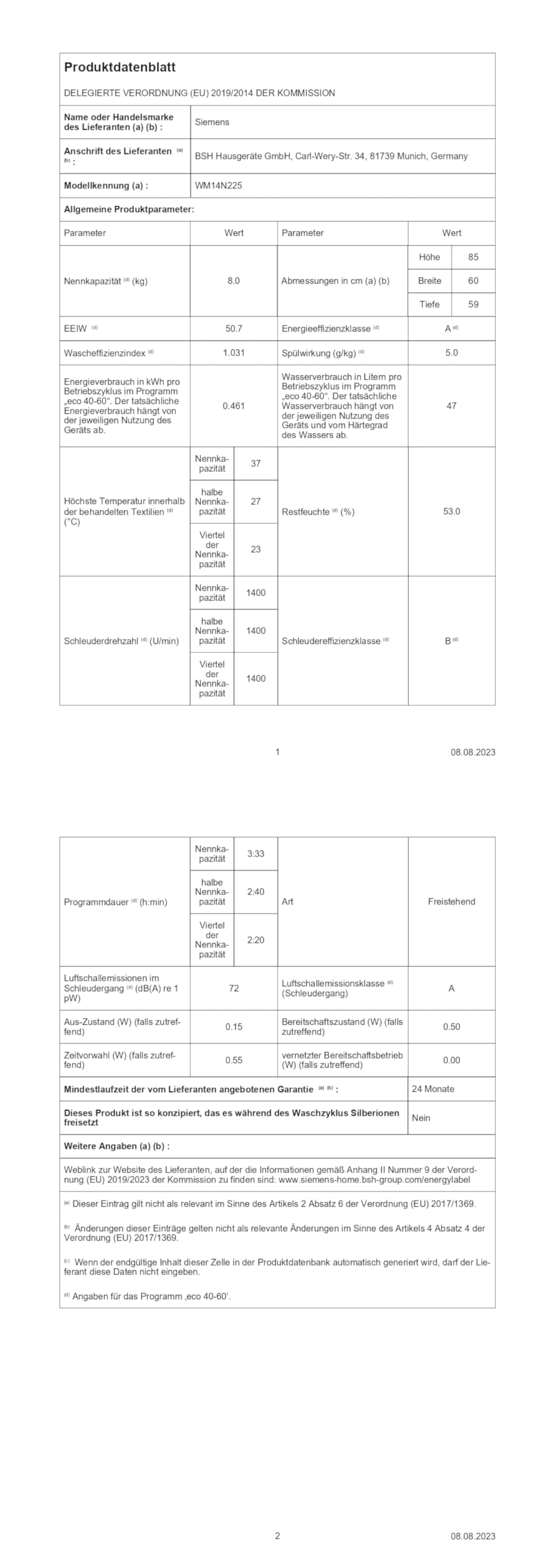 Siemens WM14N225 Waschmaschine iQ300, Frontlader mit 8kg Fassungsvermögen, 1400 UpM, speedPack L, smartFinish, Outdoor-Programm, LED-Display, Weiß, 60cm