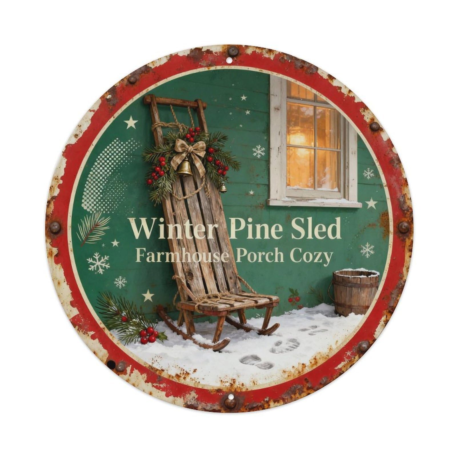 Winter Pine Sled Metal Tin Sign Plaque