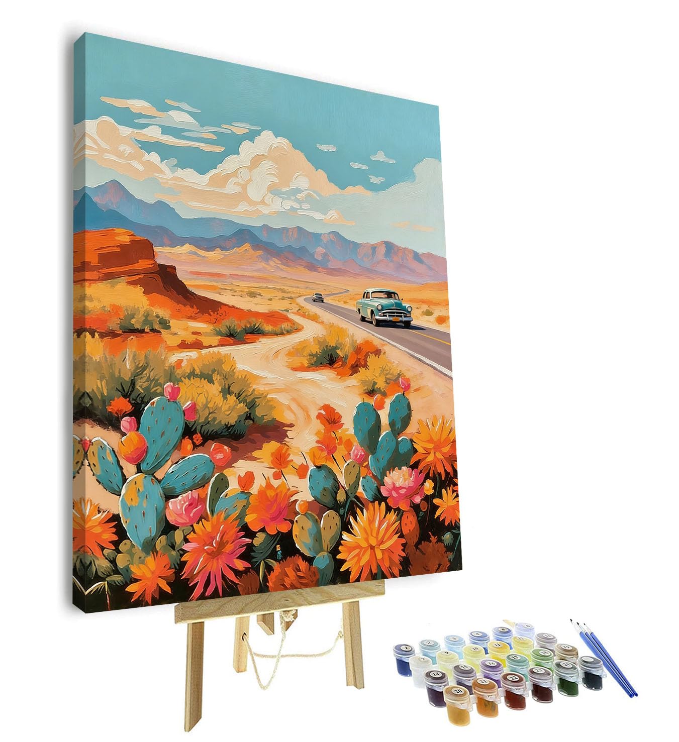 TISHIRON Adult Paint by Number, Paint by Numbers Kit for Adults - Truck on Desert Highway Cactus Landscape Art, Framed Canvas for Home Decor & Relaxation(16x20 Inch)