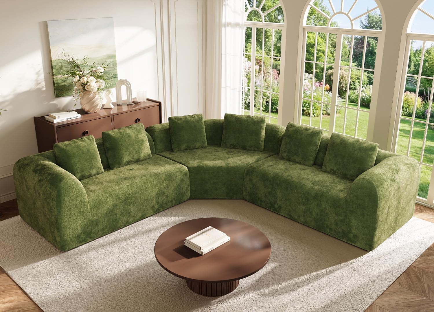 275cm Grünes geschwungenes Ecksofa, Chenille Wolkensofa ohne Rahmen